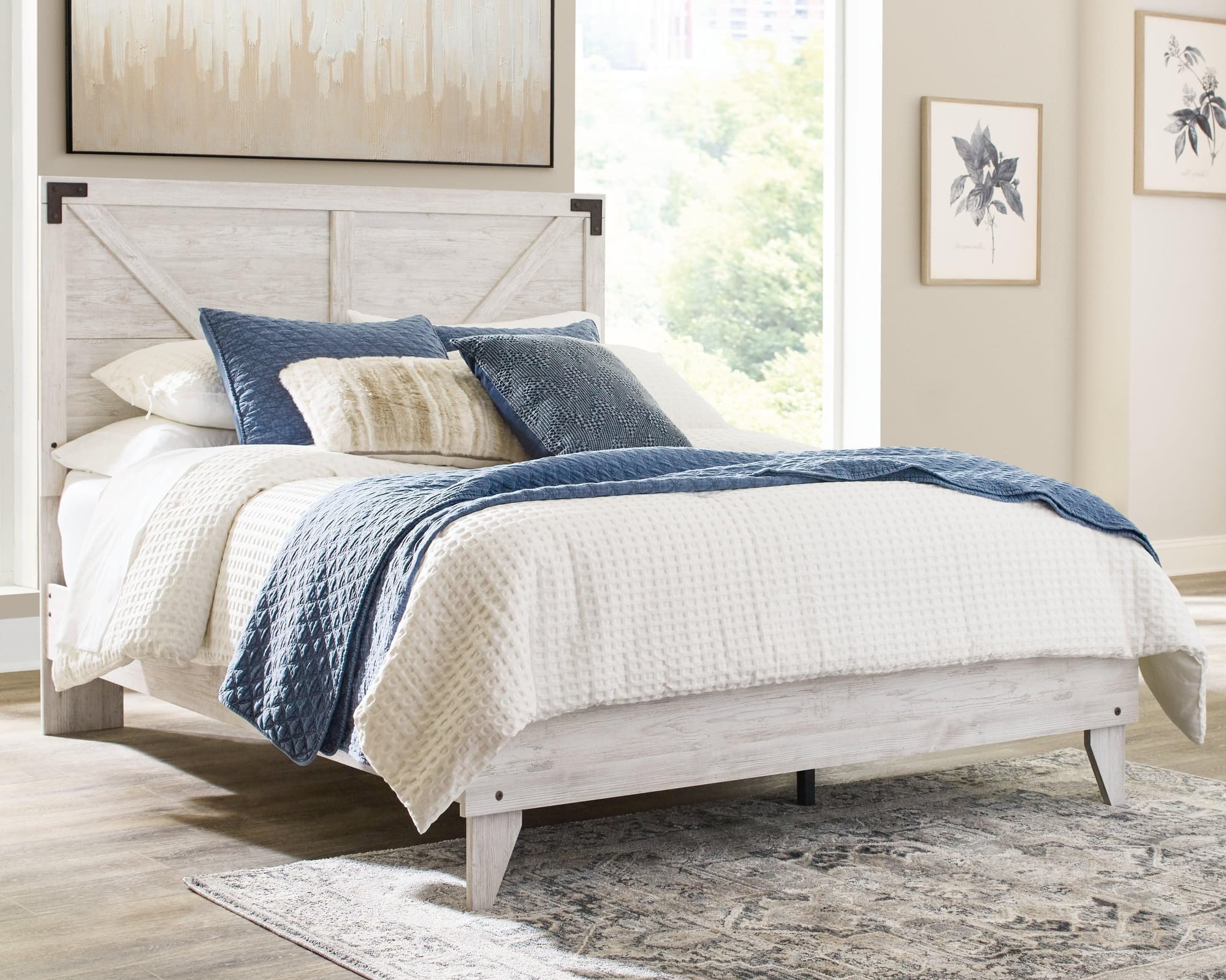Shawburn White Dark Charcoal Gray Queen Crossbuck Panel Platform Bed - Image 1