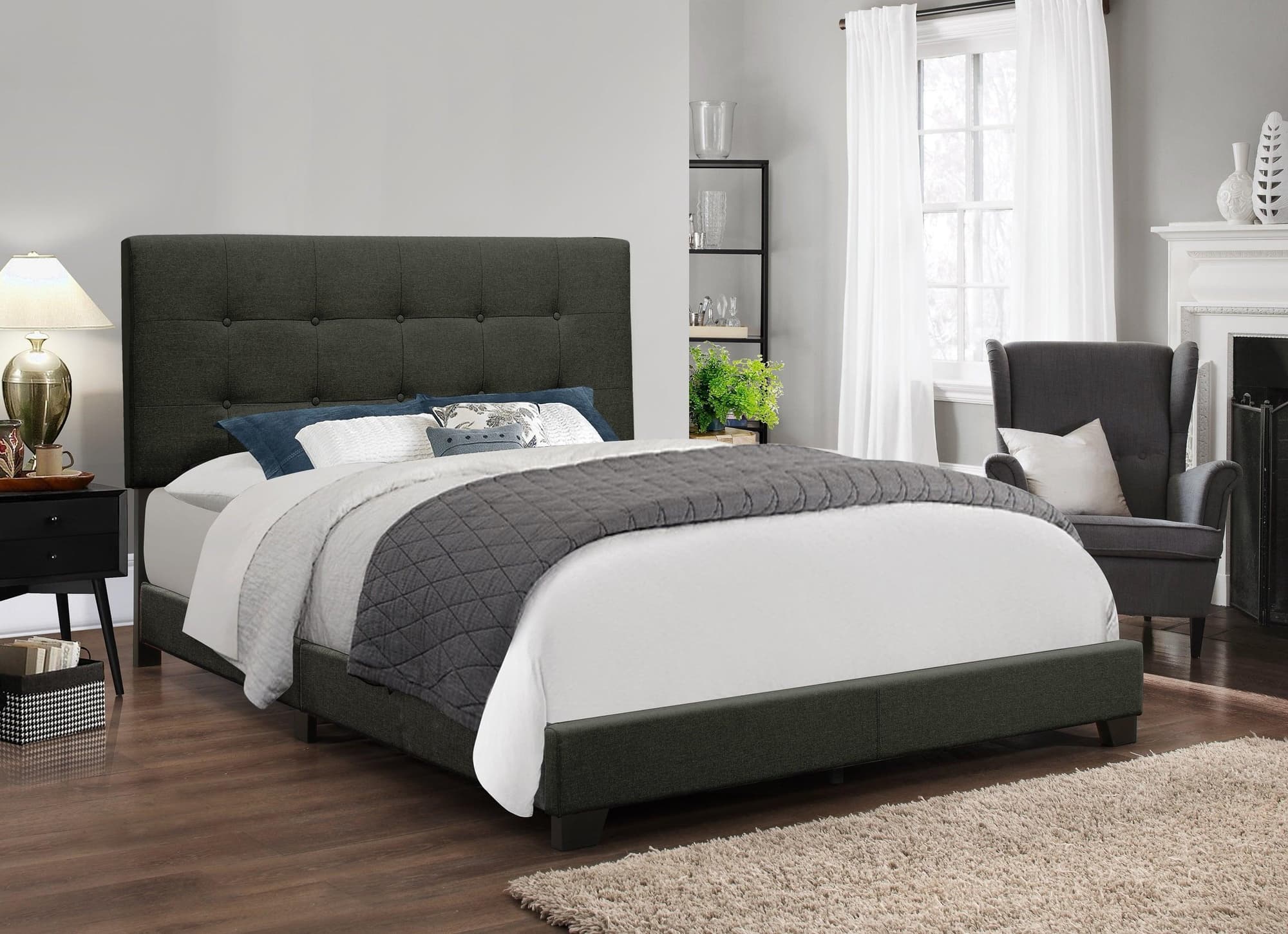 Fia Charcoal Fabric Upholstered Tufted Panel Queen Bed - Image 1