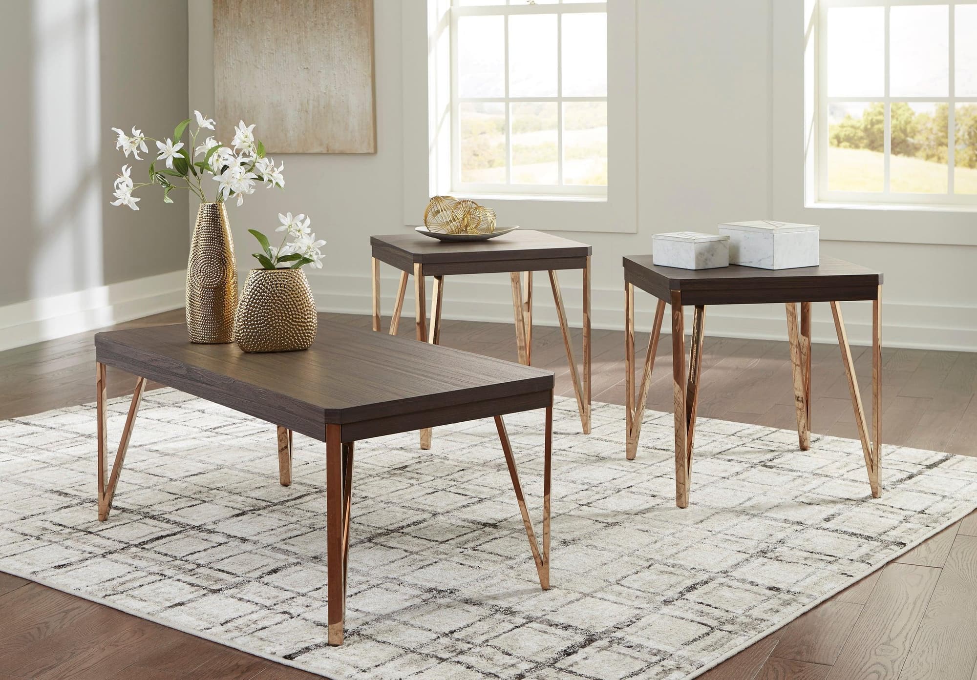 Lima Brown Champagne Rectangular Occasional Table Set - Image 1