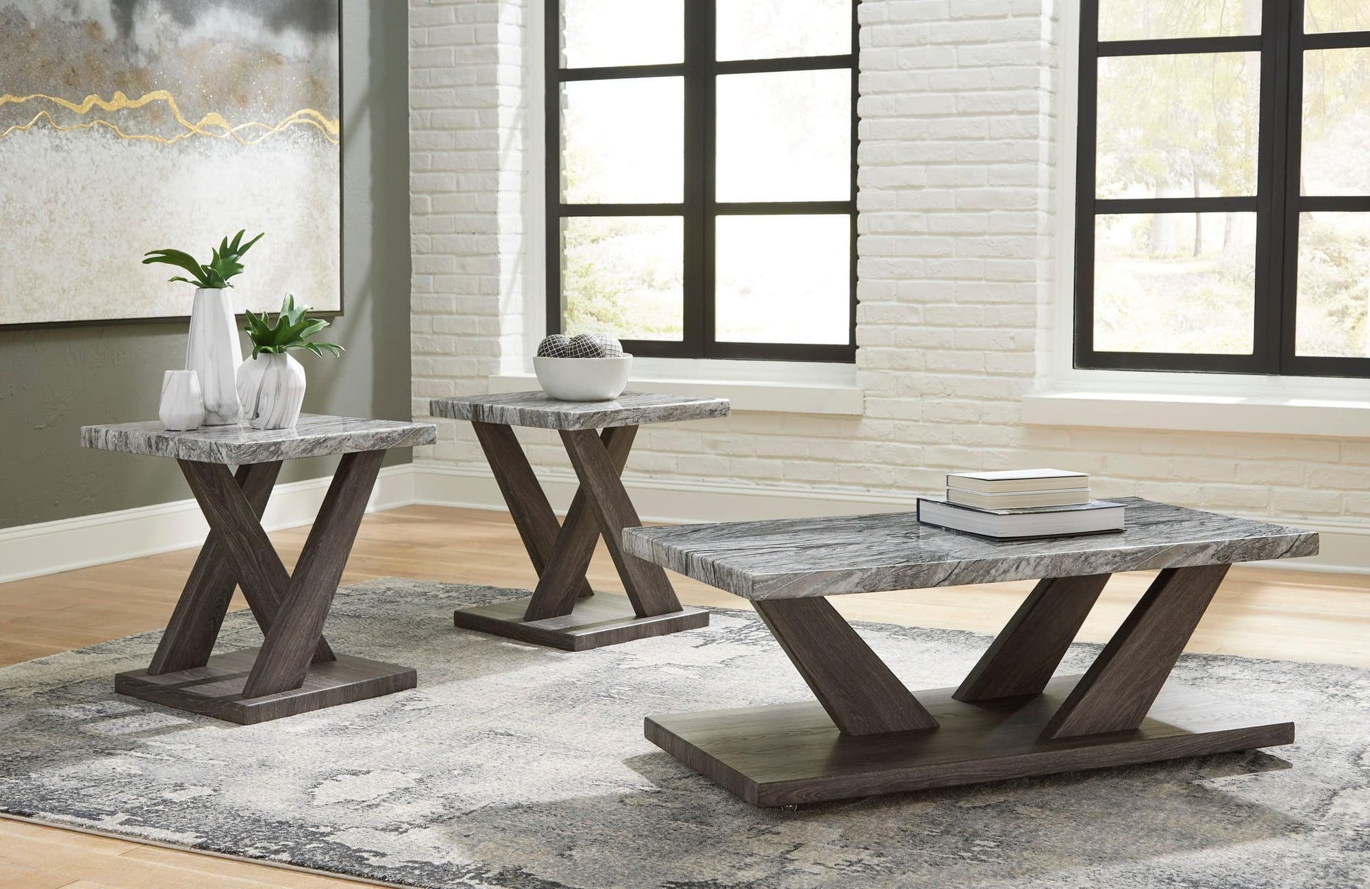 Kina Brown Gray Marble Top Rectangle Occasional Table Set - Image 1