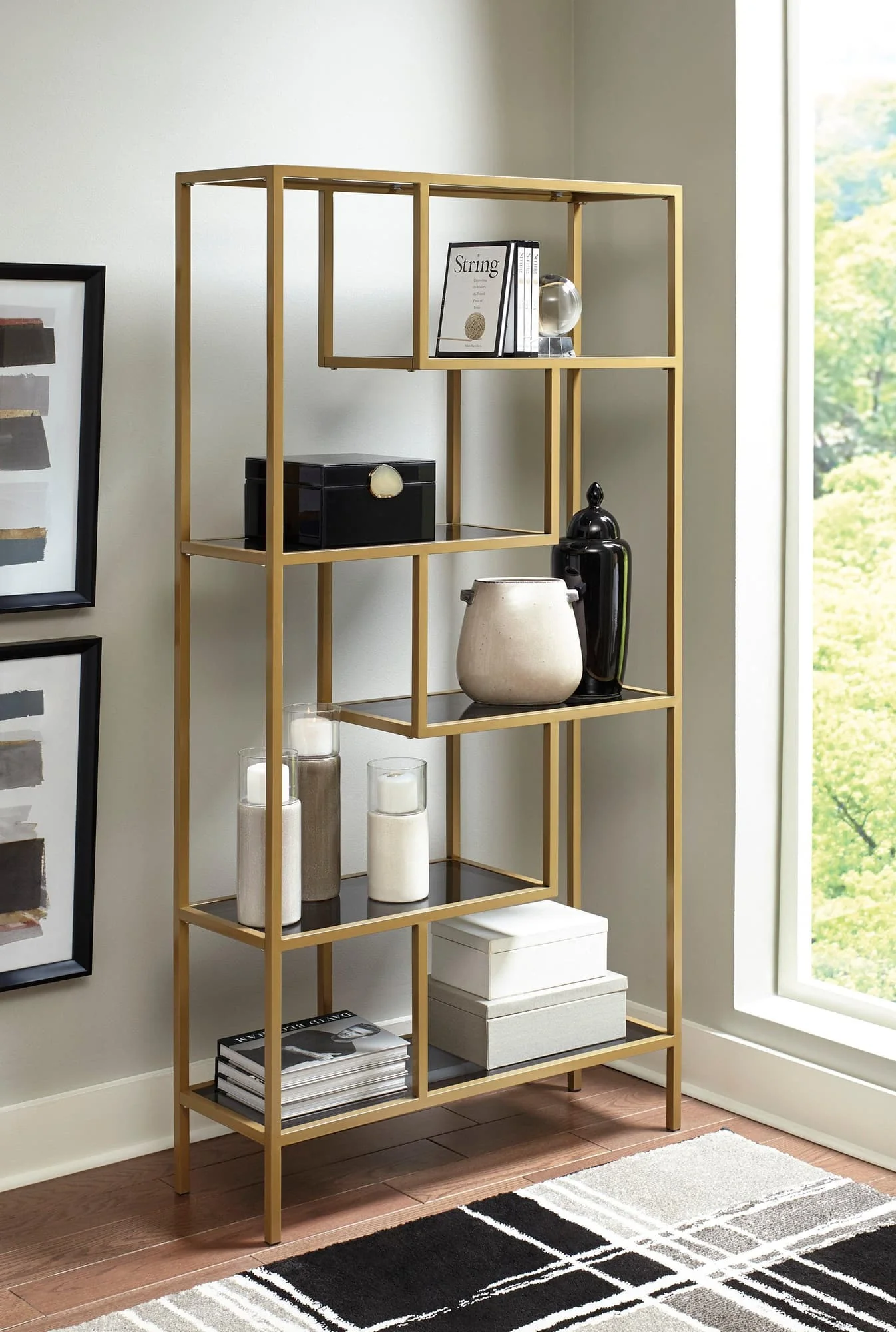 Frankwell Gold Finish Industrial Glass 5 Shelves Bookcase
