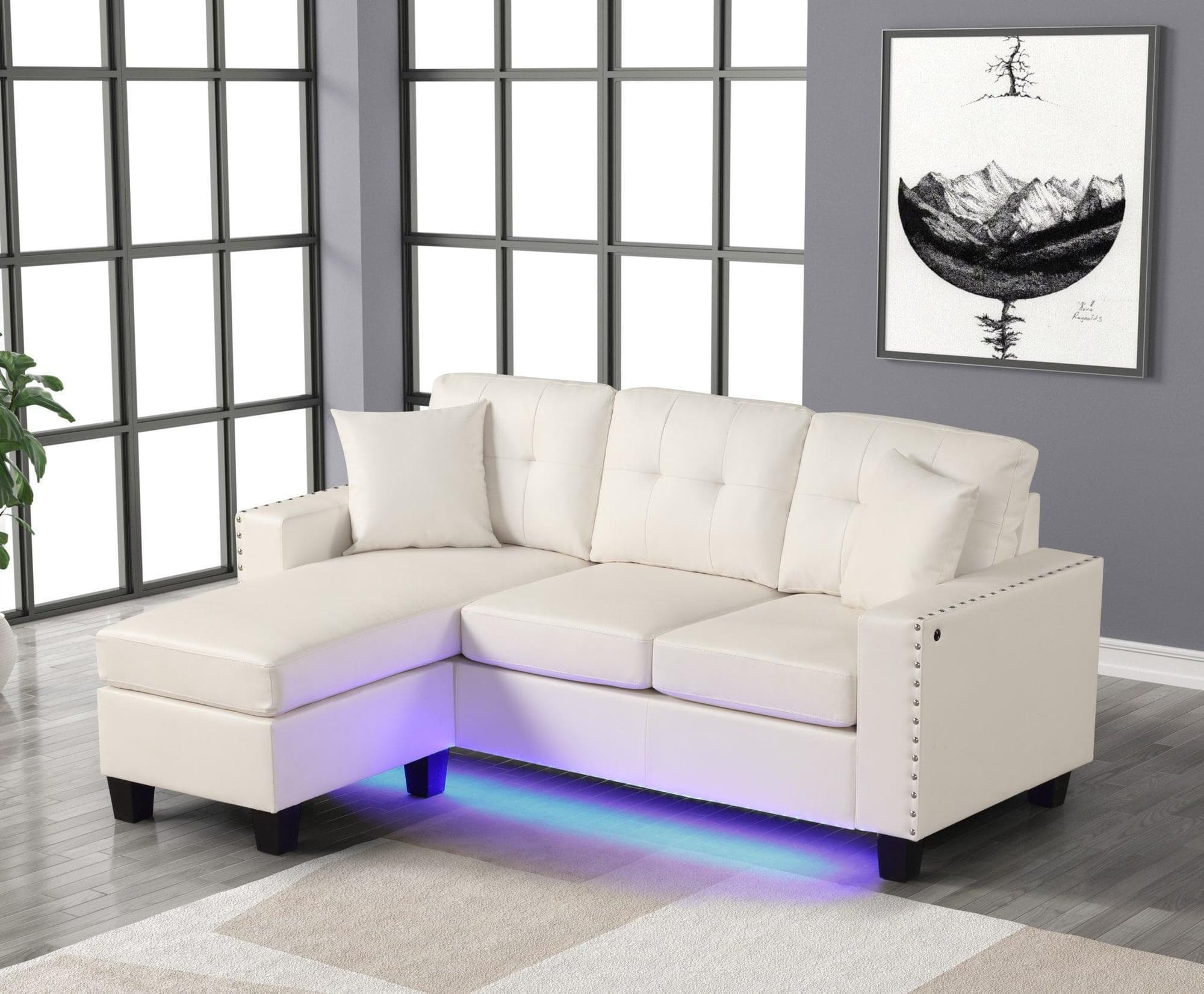 Messi White PU Faux Leather Tufted Reversible Sectional - Image 1
