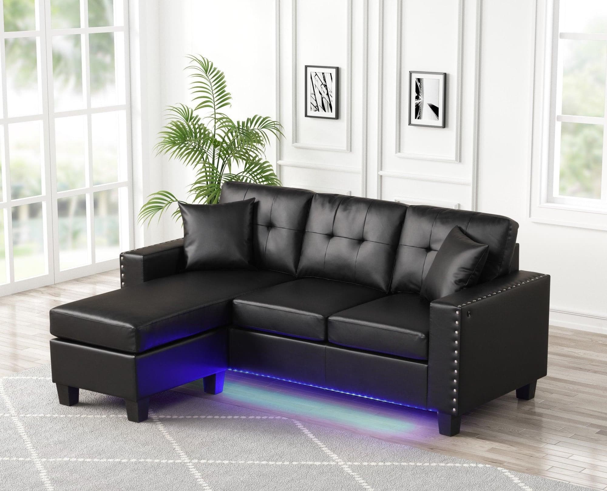 Messi Black PU Faux Leather Tufted Reversible Sectional - Image 1
