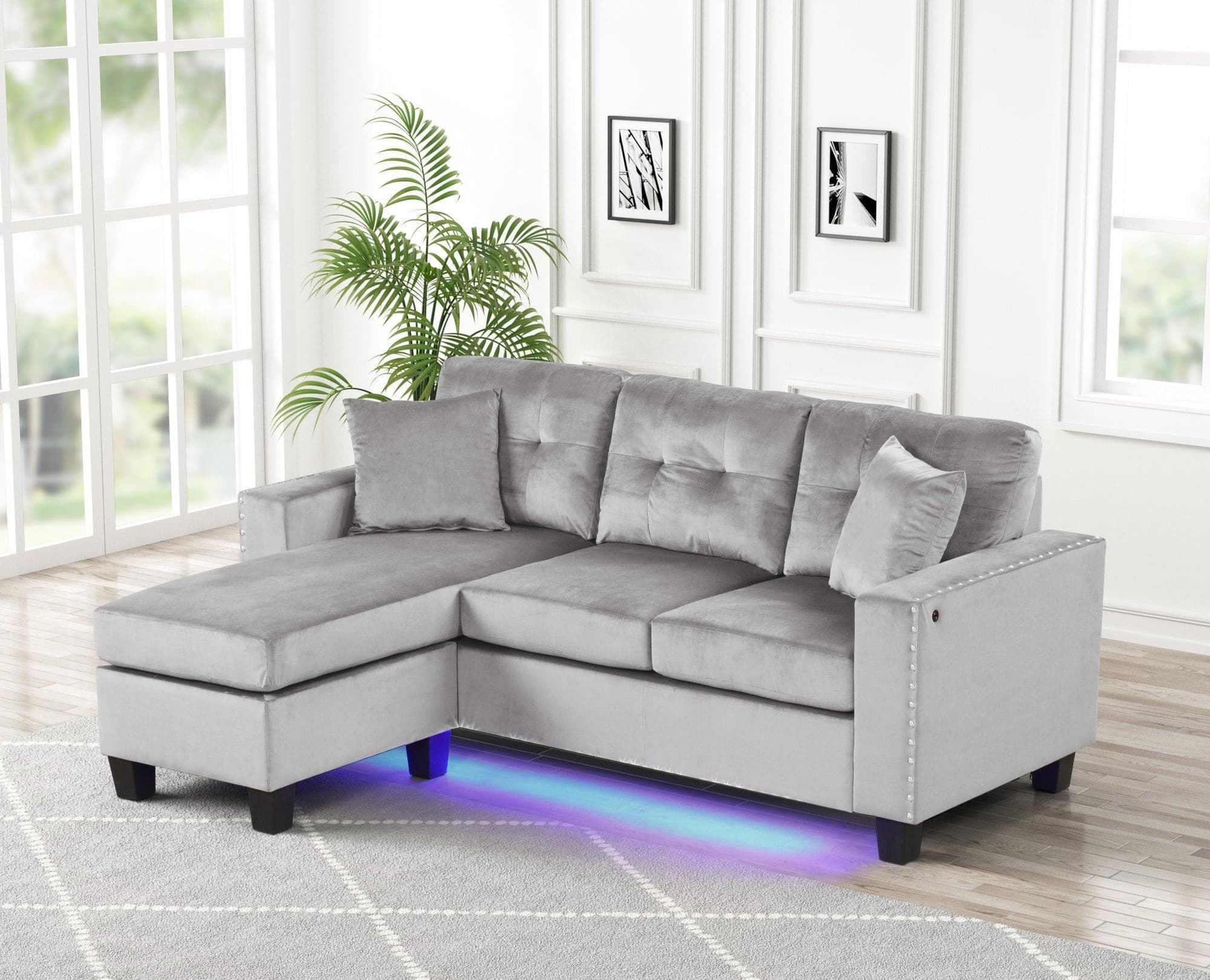 Messi Gray Velvet Upholstered Tufted Reversible Sectional - Image 1