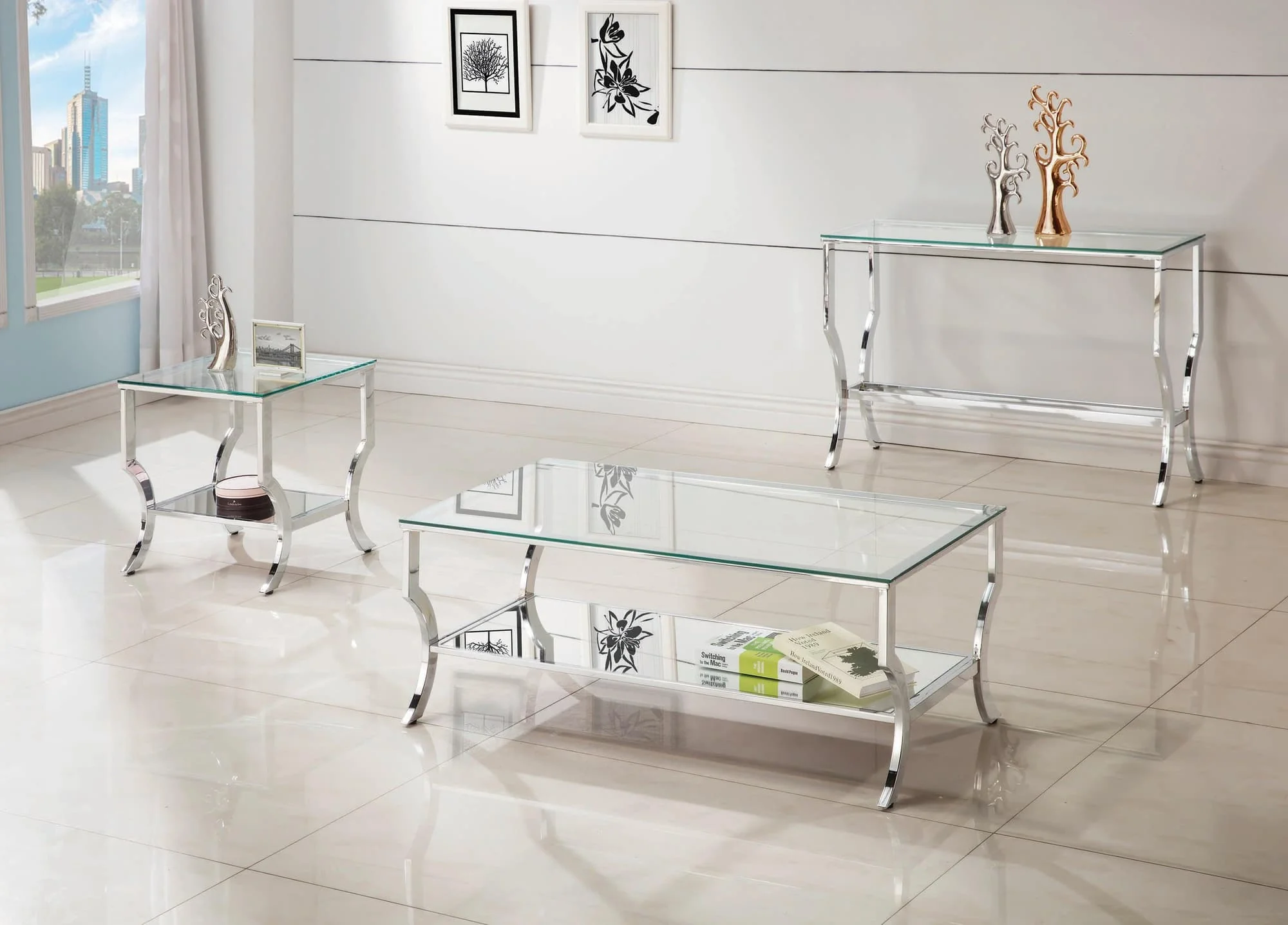 Saide Rectangular Coffee Table With Mirrored Shelf Chrome - Image 1