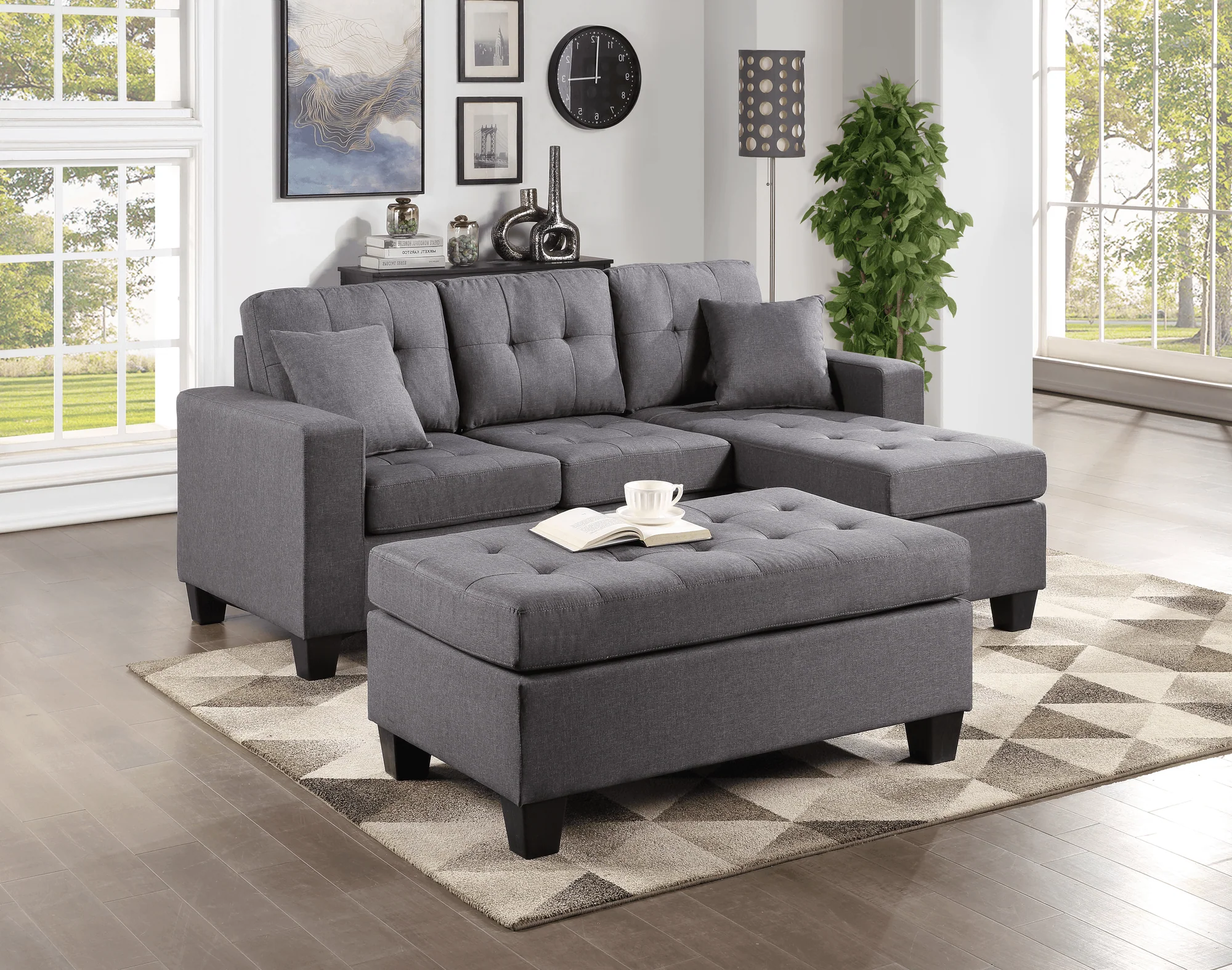 Naomi Gray Fabric Upholstered Tufted Reversible Sectional Ottoman - Image 1