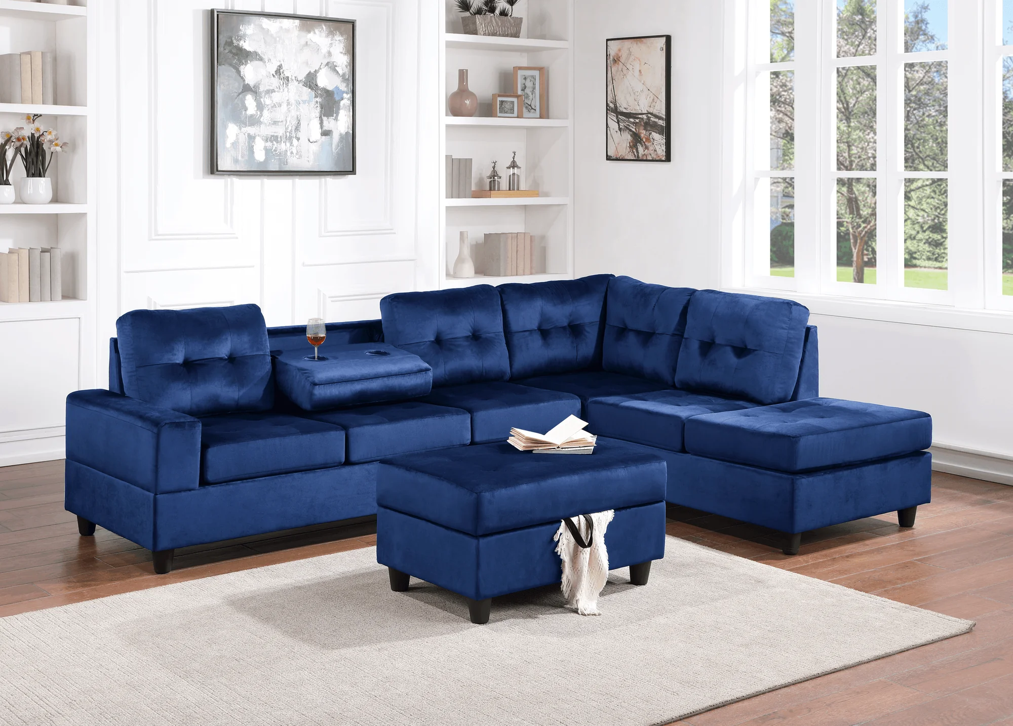 Heights Blue Velvet Upholstered Tufted Reversible Sectional Storage Ottoman - Image 1
