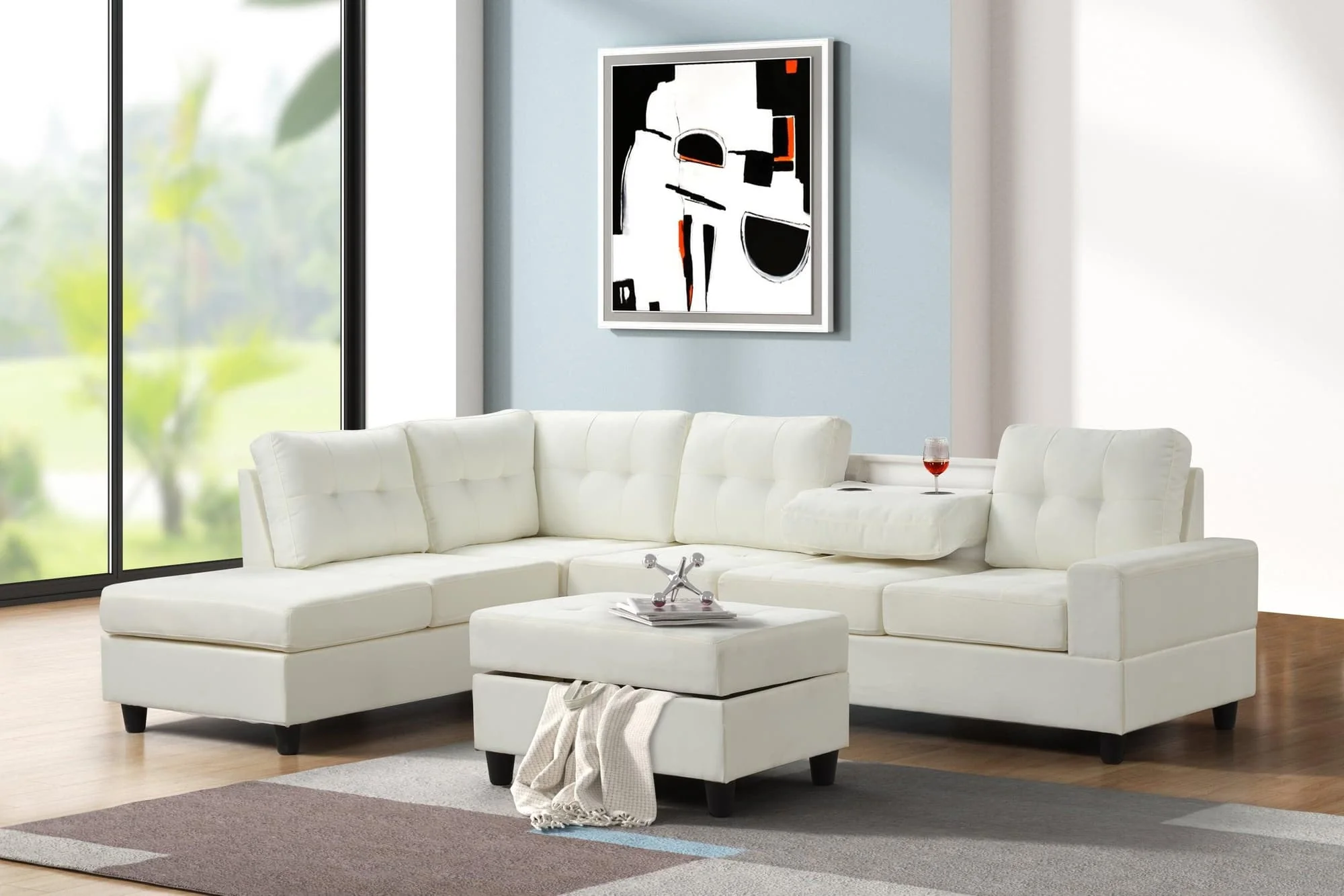 Heights Off White Upholstered Tufted Reversible Sectional Storage Ottoman Set - Image 1