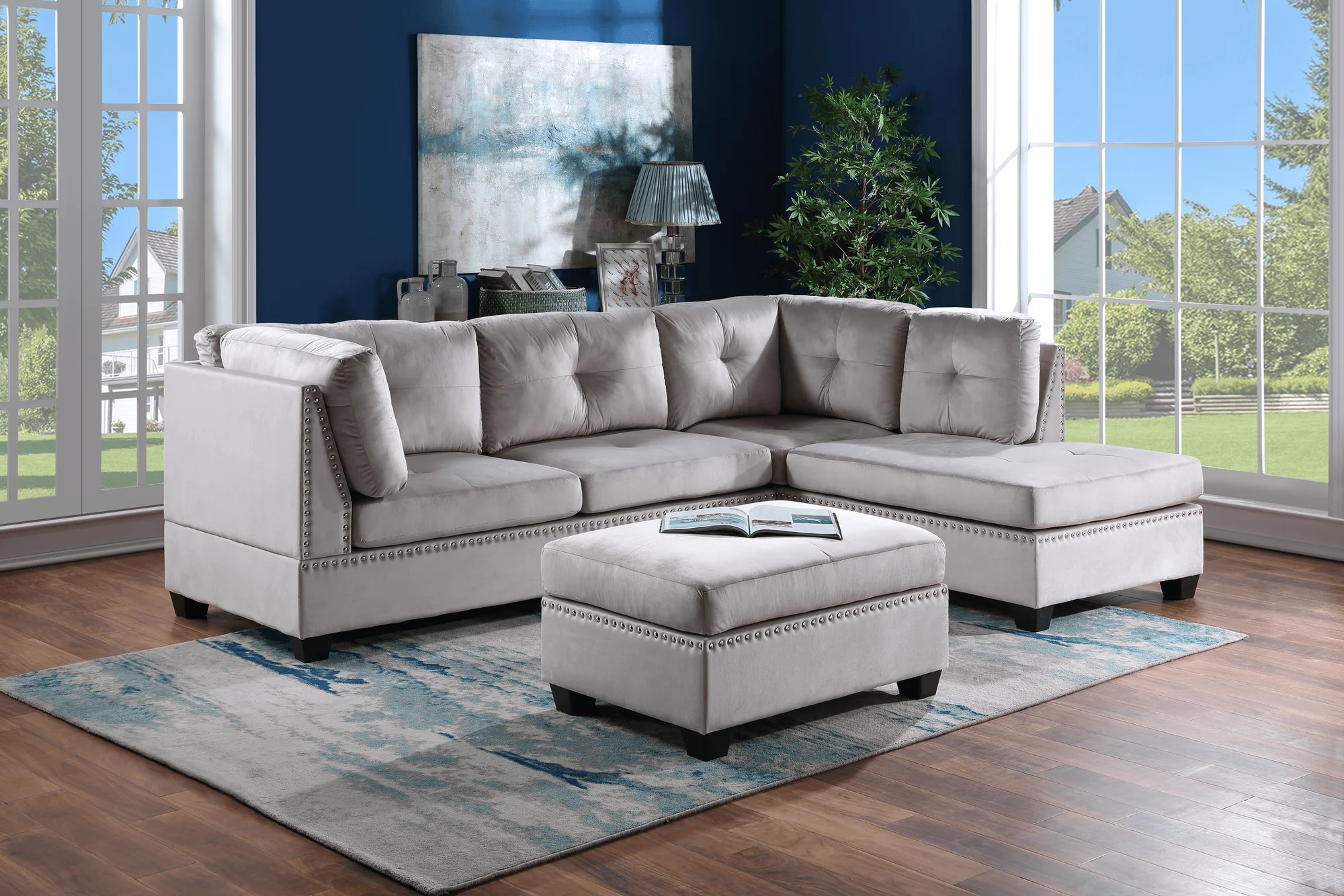 Sienna Silver Velvet Upholstered Tufted Sectional + Ottoman Set - Image 1
