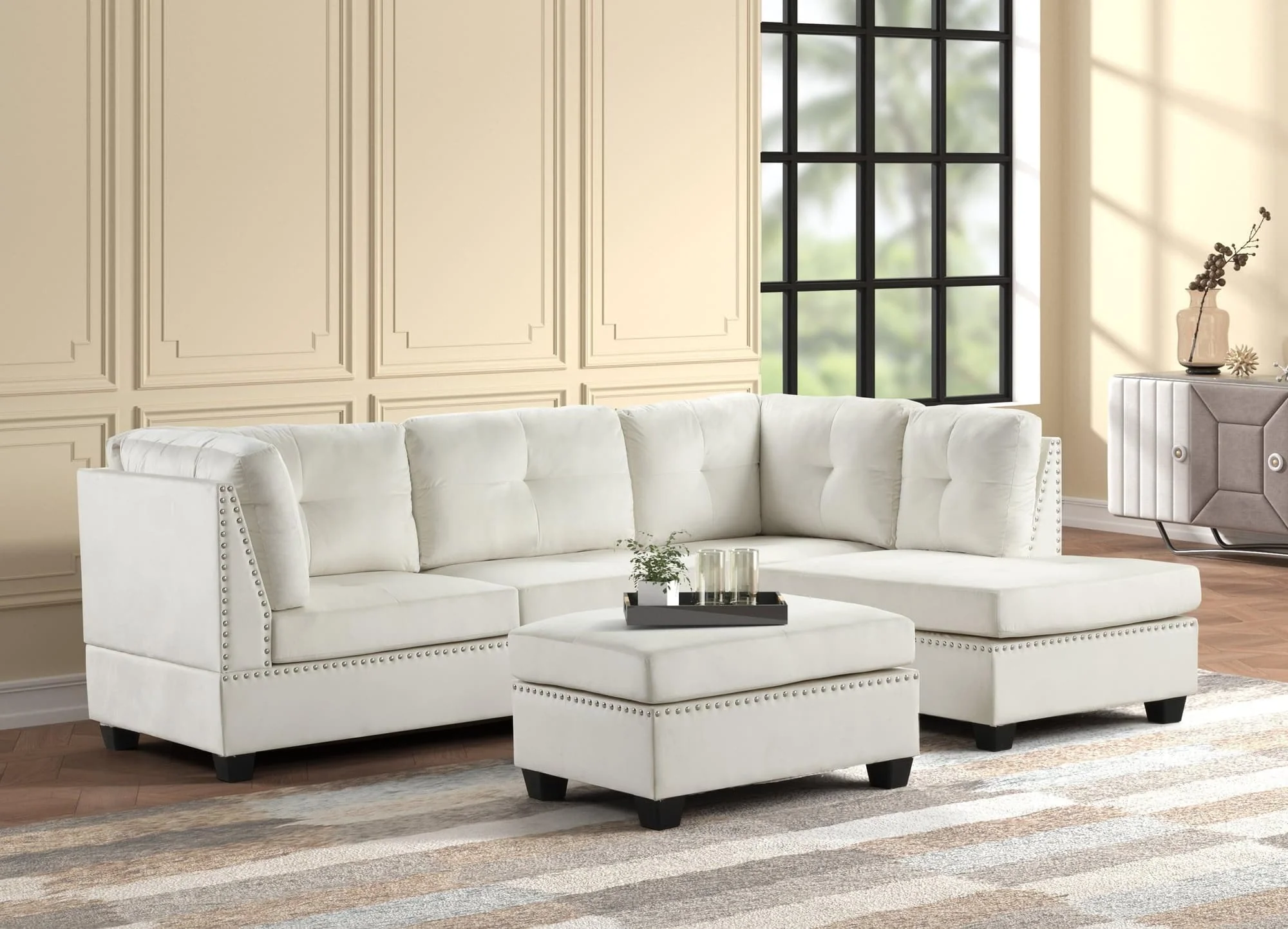 Sienna Beige Velvet Upholstered Tufted Sectional + Ottoman Set - Image 1