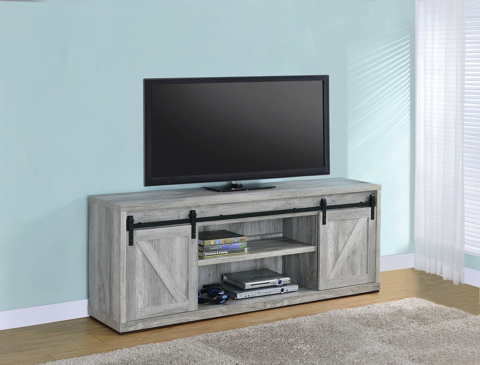 Brockton 71 inch 3 Shelf Sliding Doors TV Console Gray Driftwood - Image 1