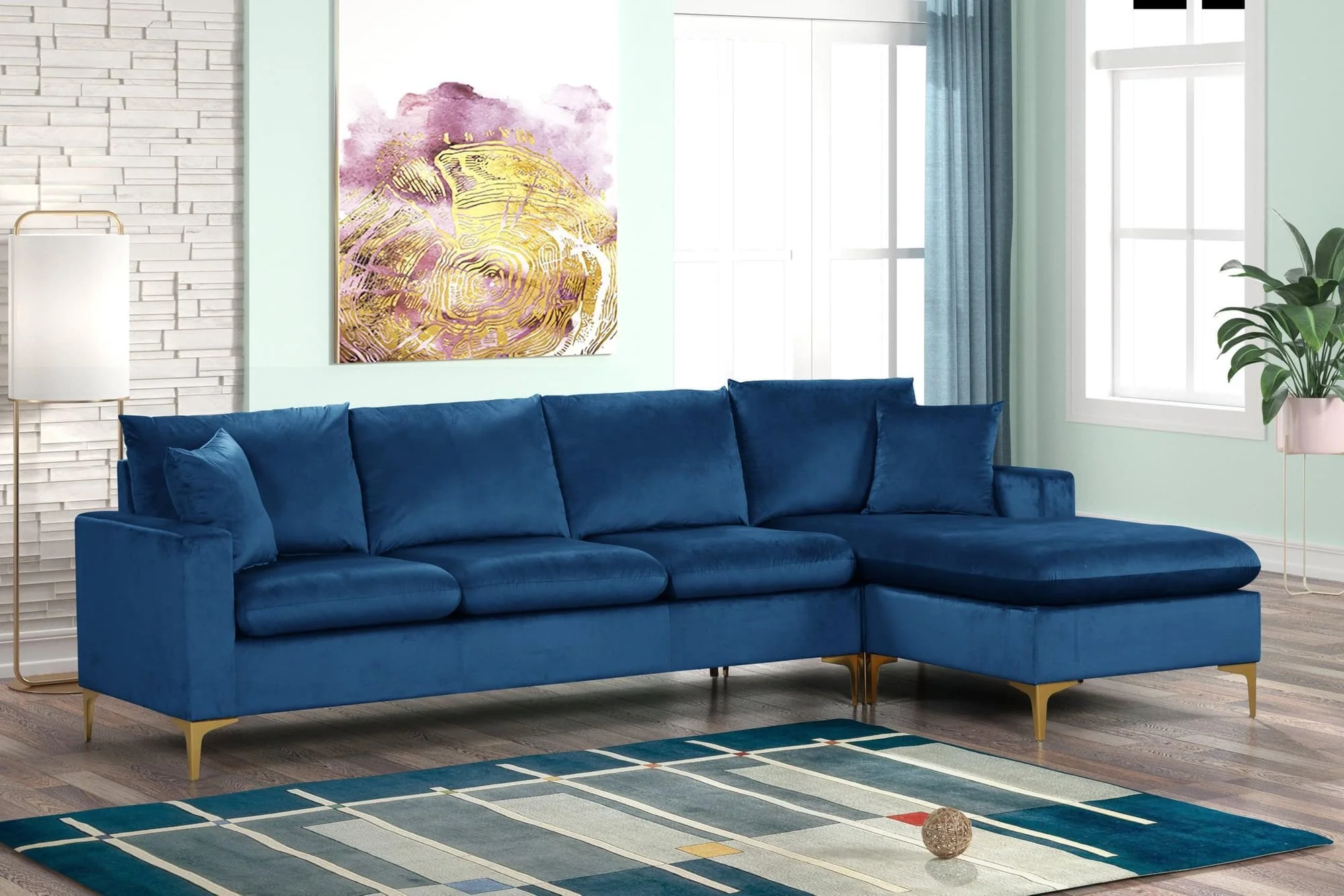 Amber Blue Velvet Upholstered Reversible Sectional
