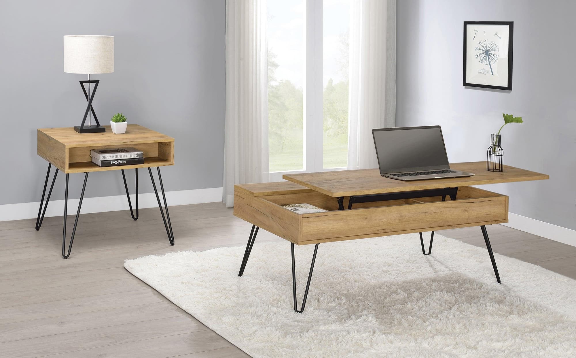 Fanning Square End Table With Open Compartment Golden Oak Black - Image 1