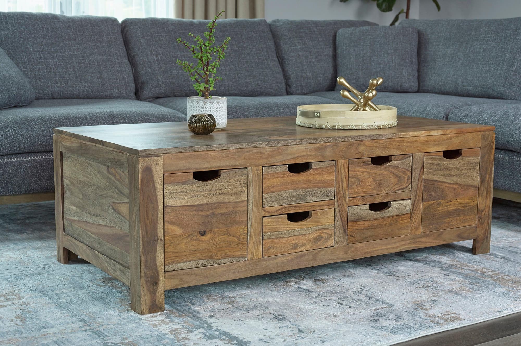 Esther 6 Drawer Storage Coffee Table Natural Sheesham - Image 1
