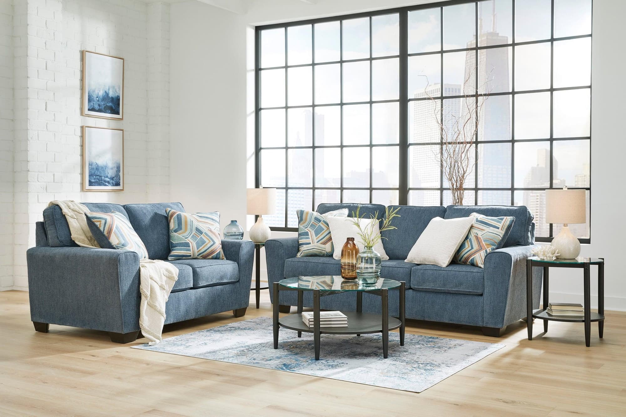Ashley Blue Fabric Upholstered Sofa Loveseat - Image 1