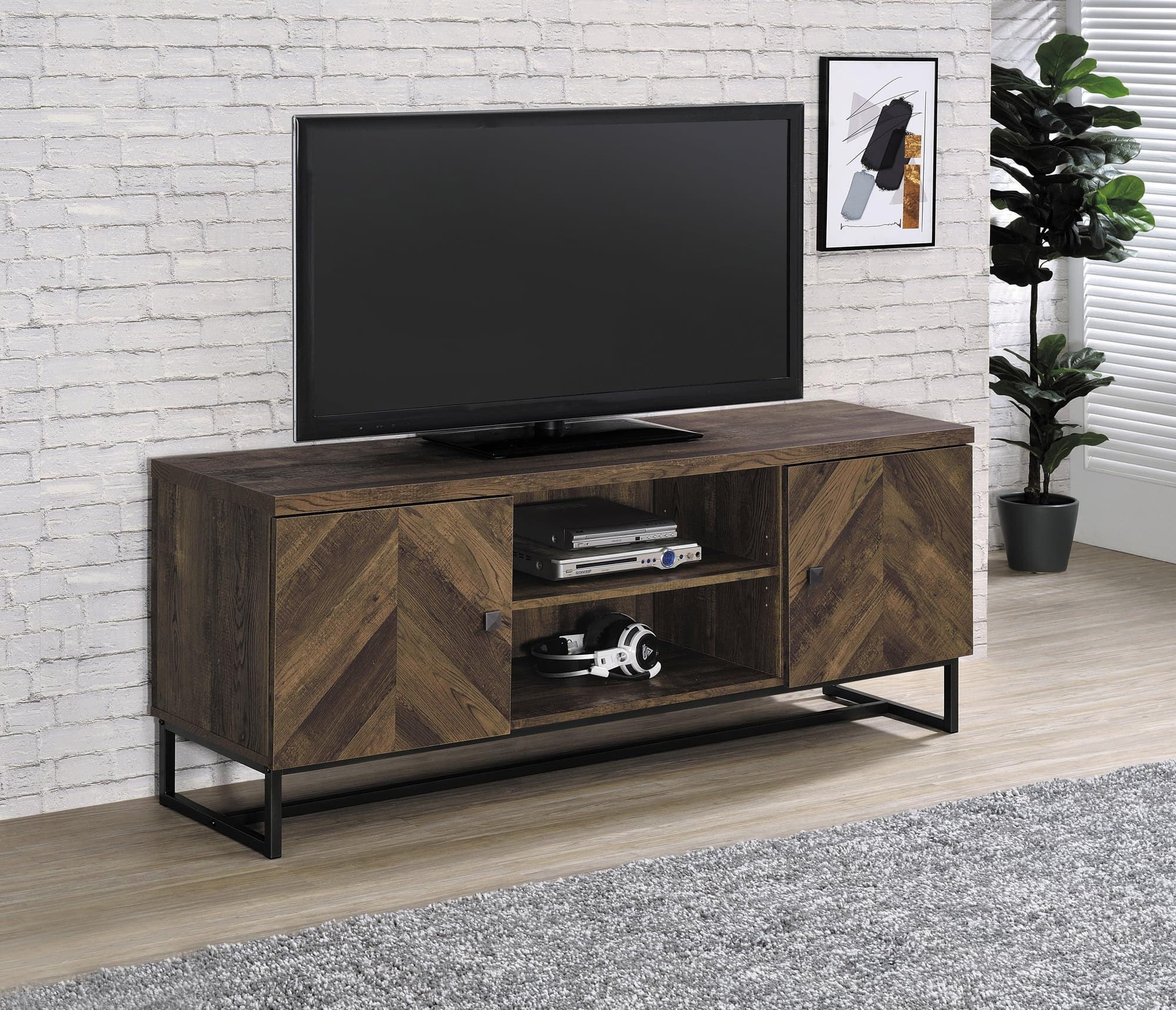Myles 2 Door TV Console With Adjustable Shelves Rustic Oak Herringbone - Image 1