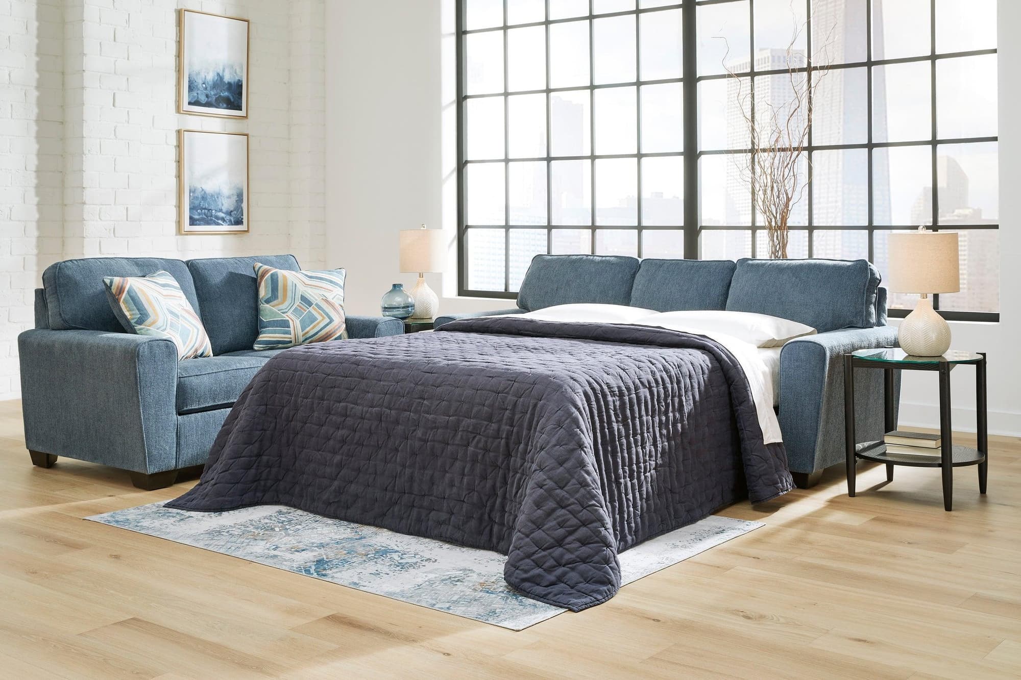 Bron Blue Faux Fabric Upholstered Queen Sofa Sleeper
