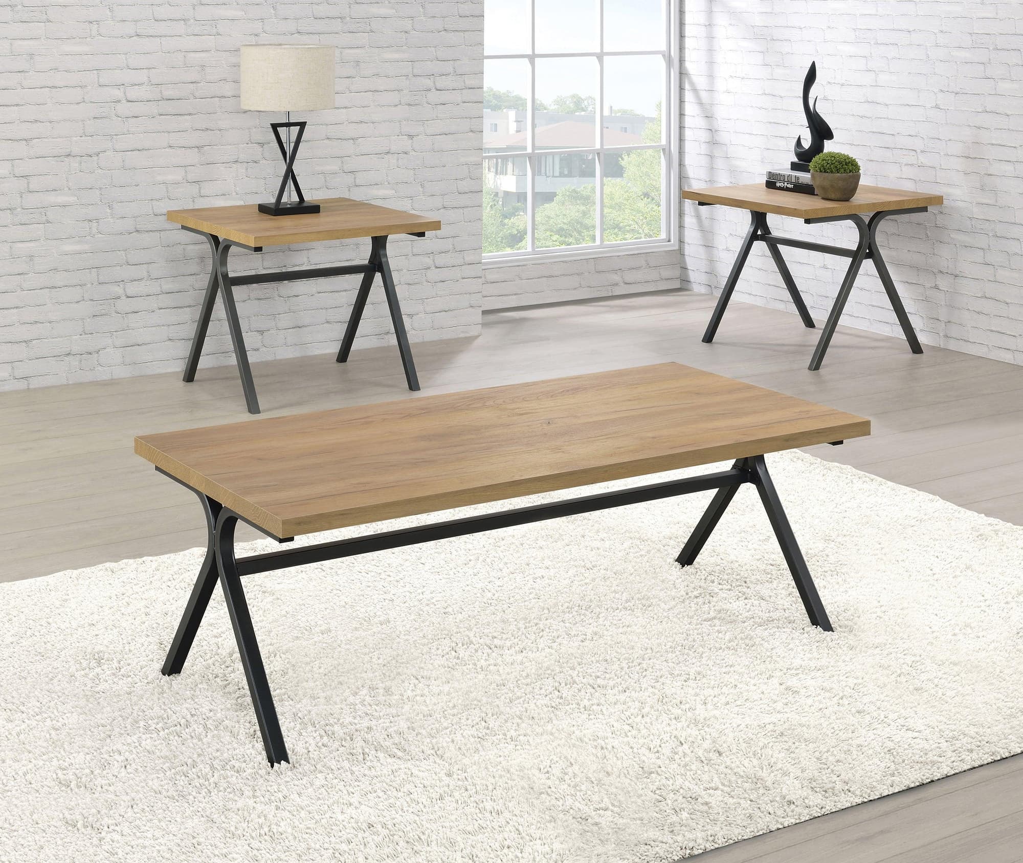 Colmar 3-Piece Trestle Occasional Table Set Golden Oak Gunmetal - Image 1