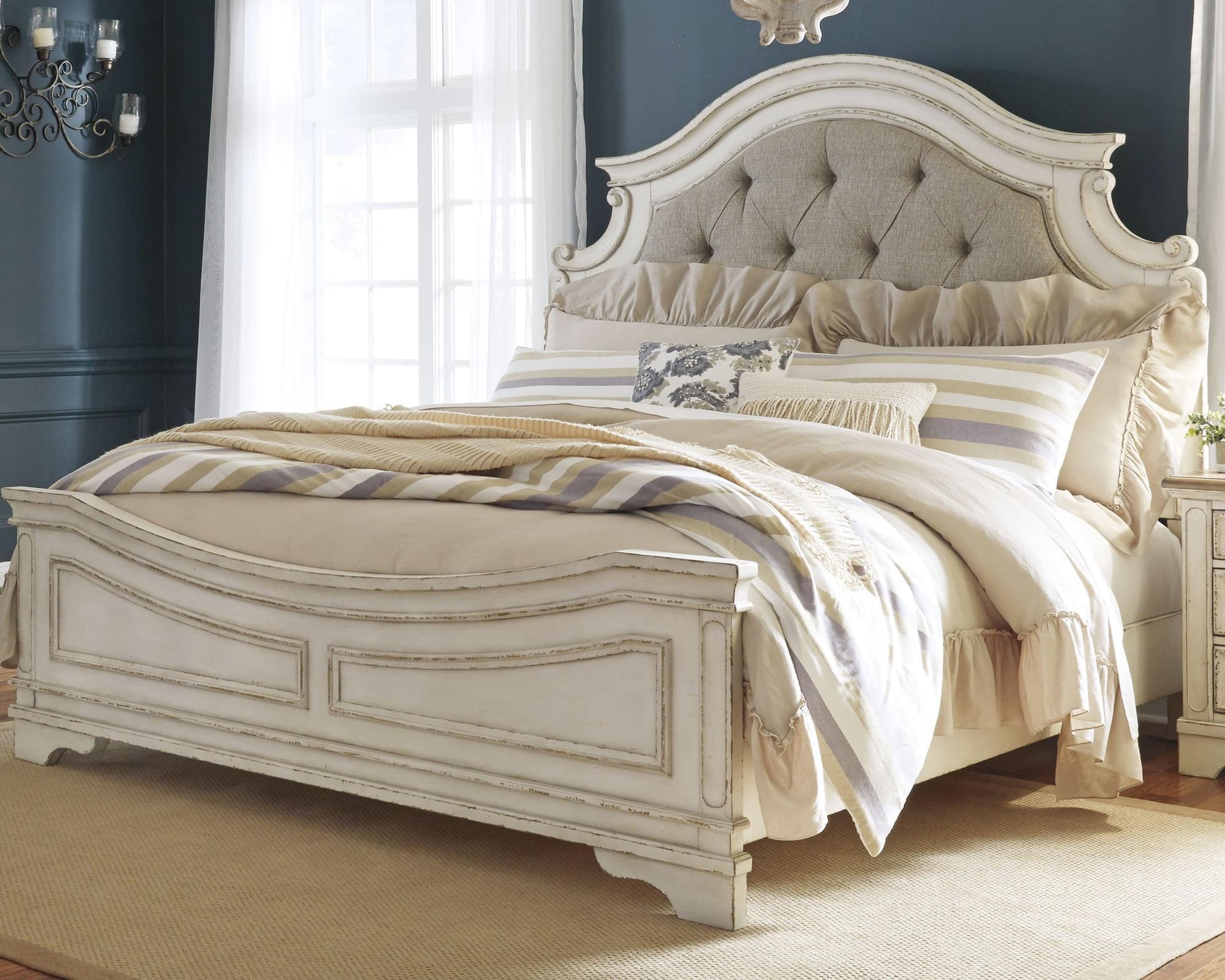 Realyn Chipped White King Upholstered Panel Bed - Image 1