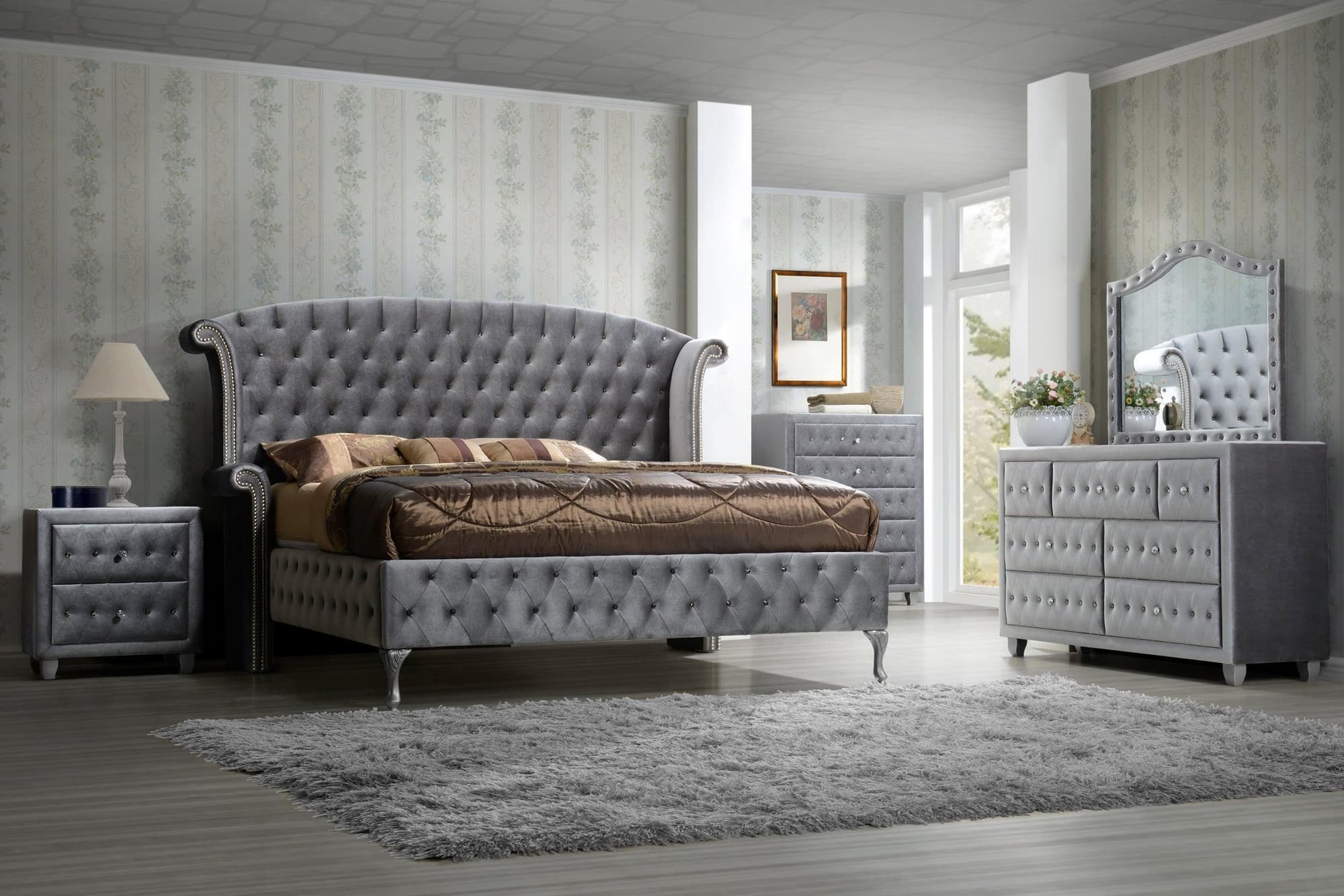 Diamond Palace Gray Velvet Upholstered Tufted Wingback Panel Bedroom Set - Image 1
