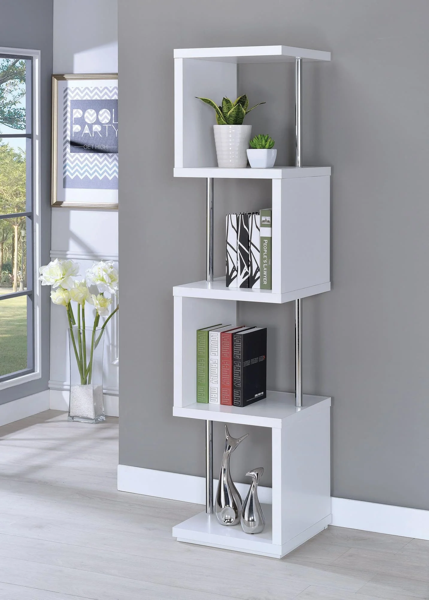 Baxter 4 Shelf Bookcase White Chrome