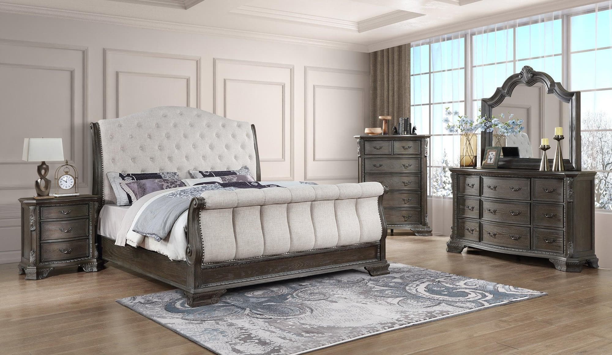 Sheffield Gray Upholstered Tufted Sleigh Bedroom Set - Image 1