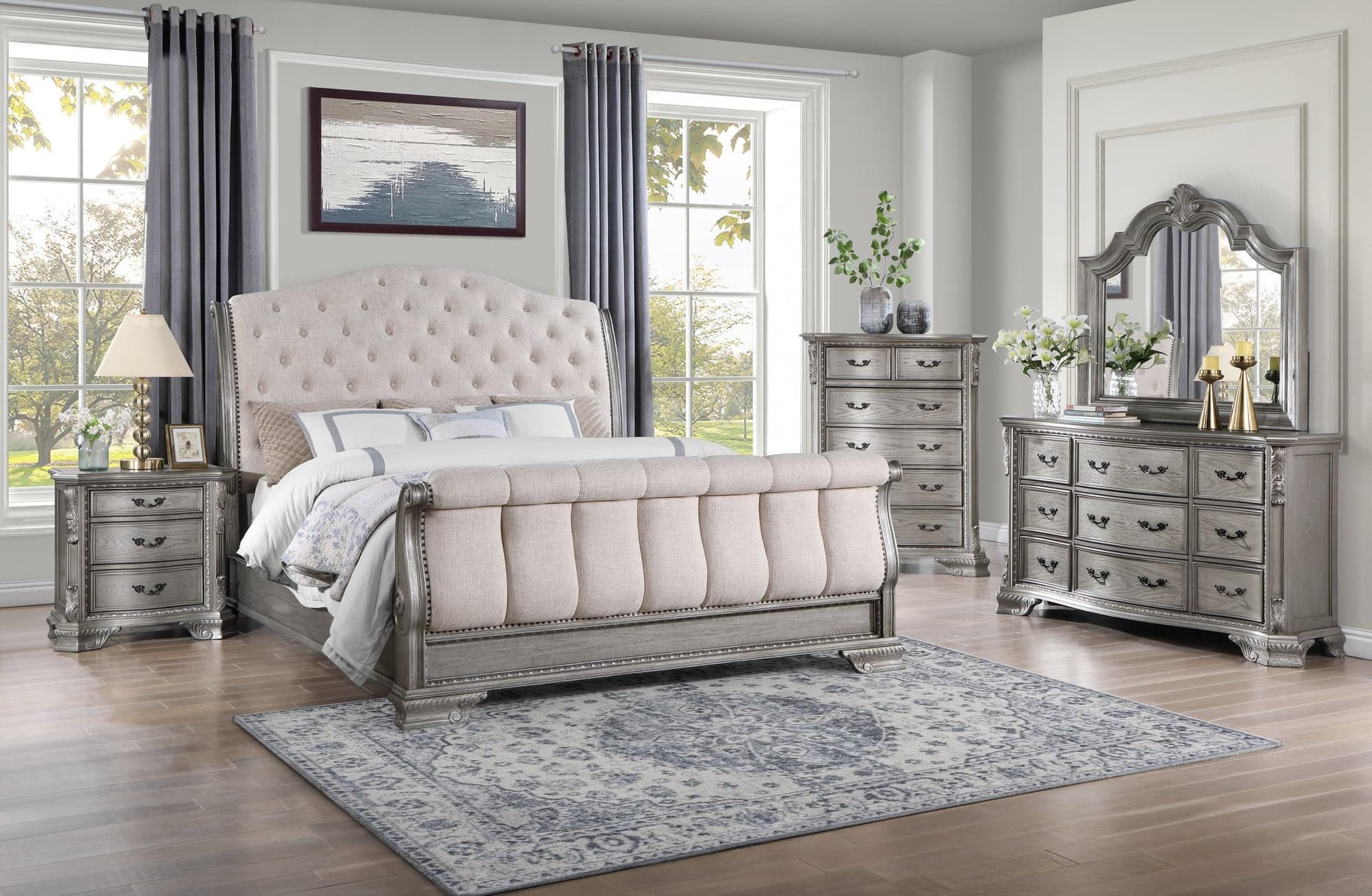 Sheffield Light Gray Upholstered Tufted Sleigh Bedroom Set - Image 1