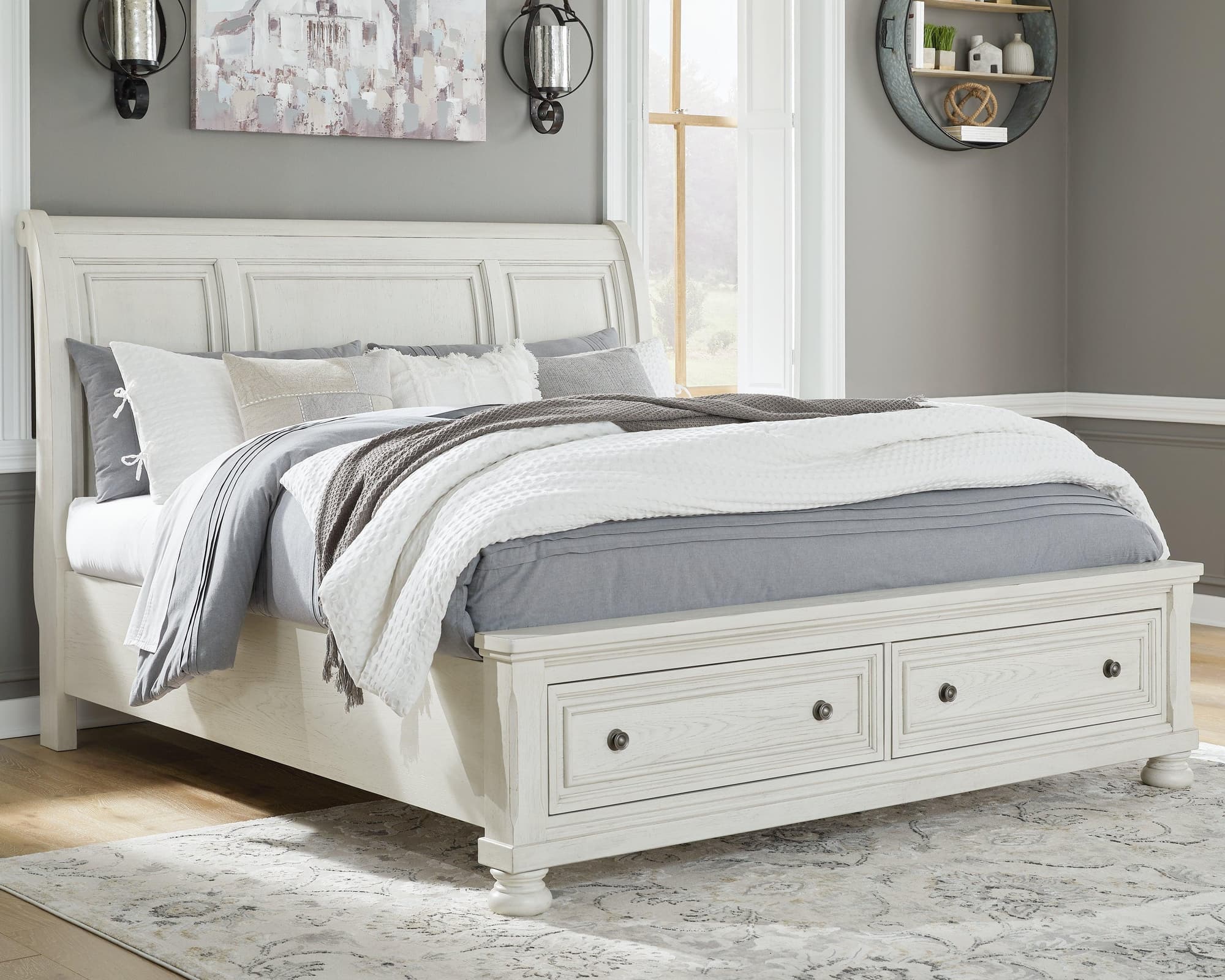 Robbinsdale Antique White Queen Sleigh Bed With Storage - Image 1