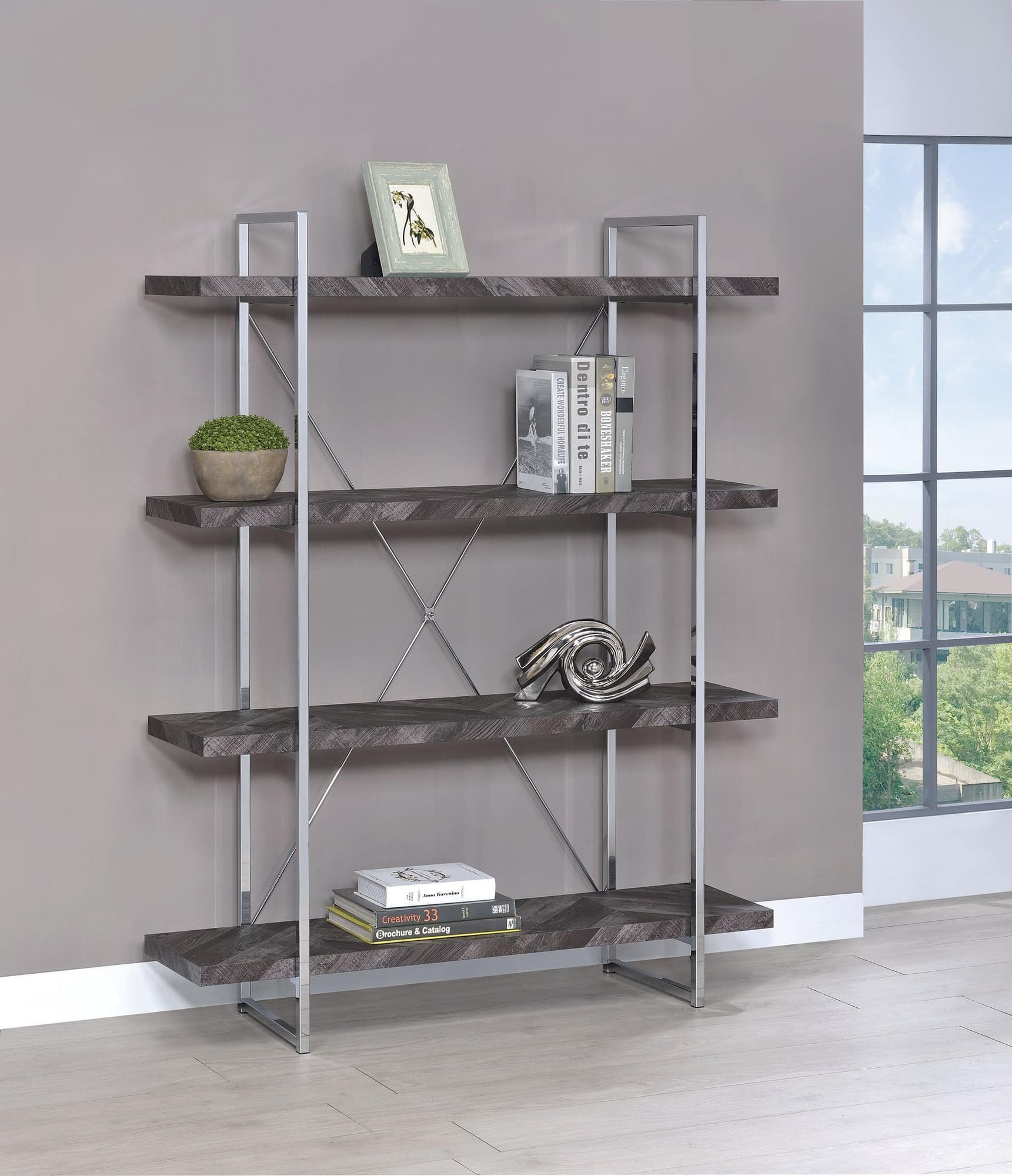 Grimma 4 Shelf Bookcase Rustic Gray Herringbone