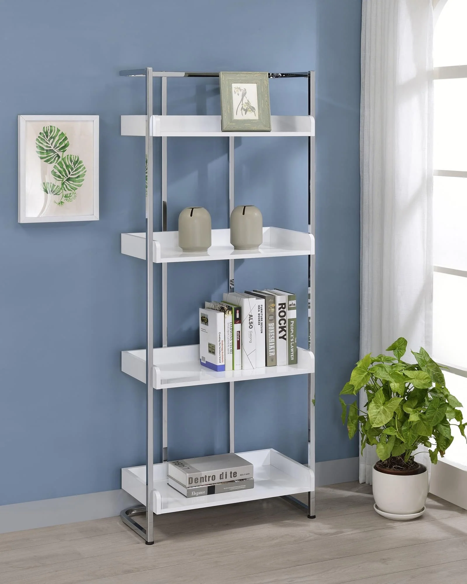Ember 4 Shelf Bookcase White High Gloss Chrome