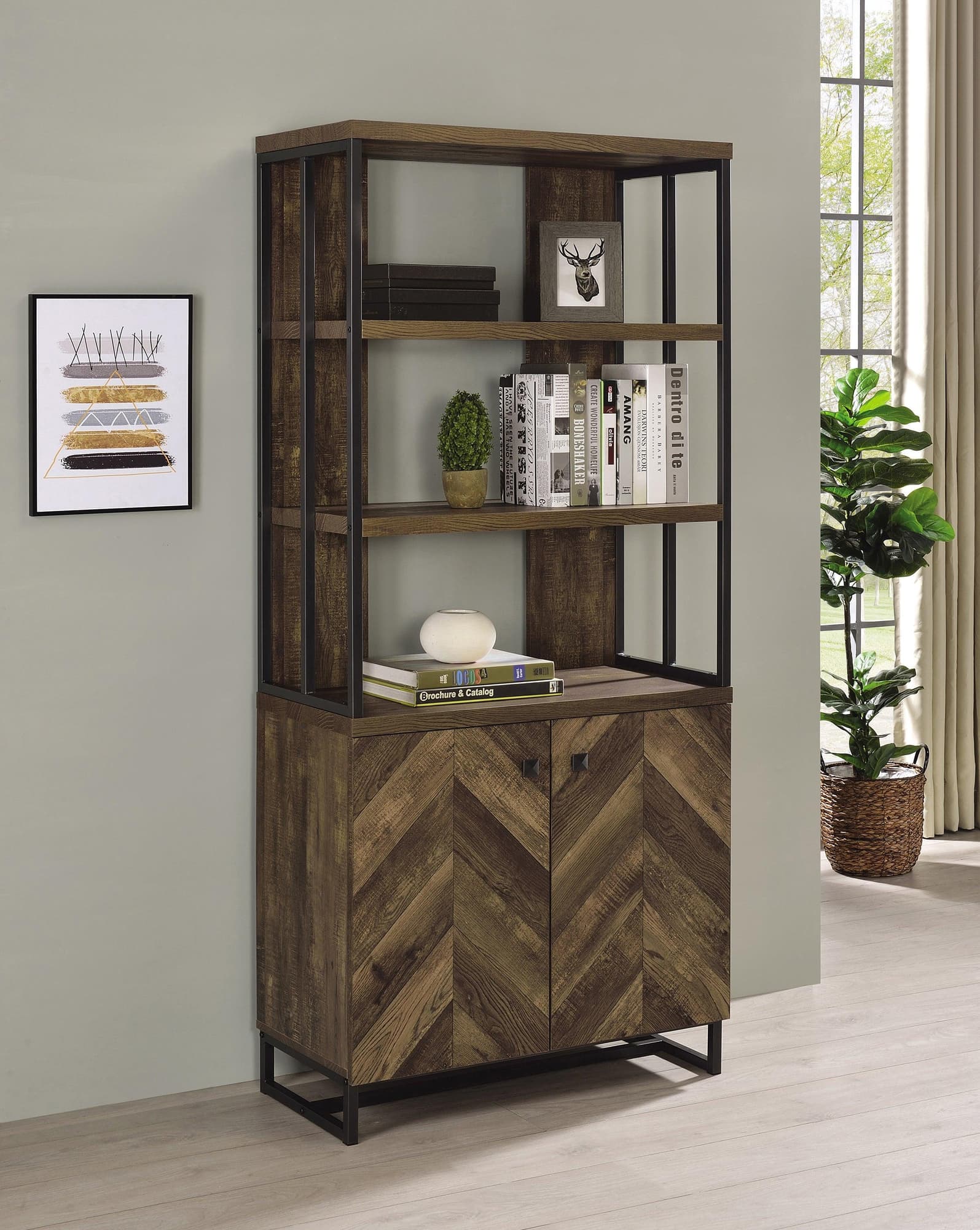 Millbrook 2 Door Bookcase Rustic Oak Herringbone Gunmetal
