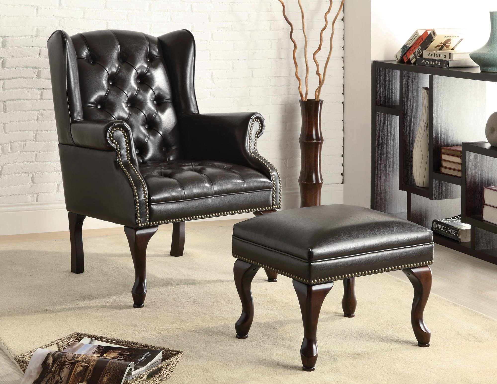 Roberts Button Tufted Back Accent Chair With Ottoman Black Espresso - Image 1
