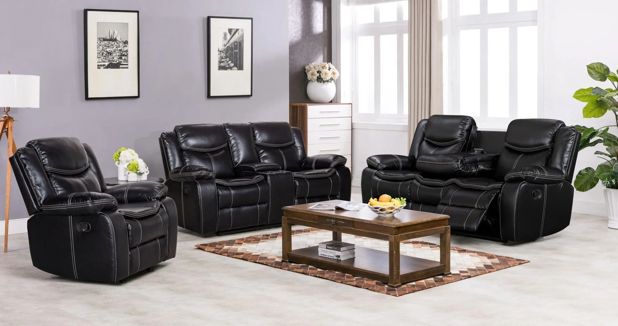 Reno Black 3-Piece Reclining Set - Image 1