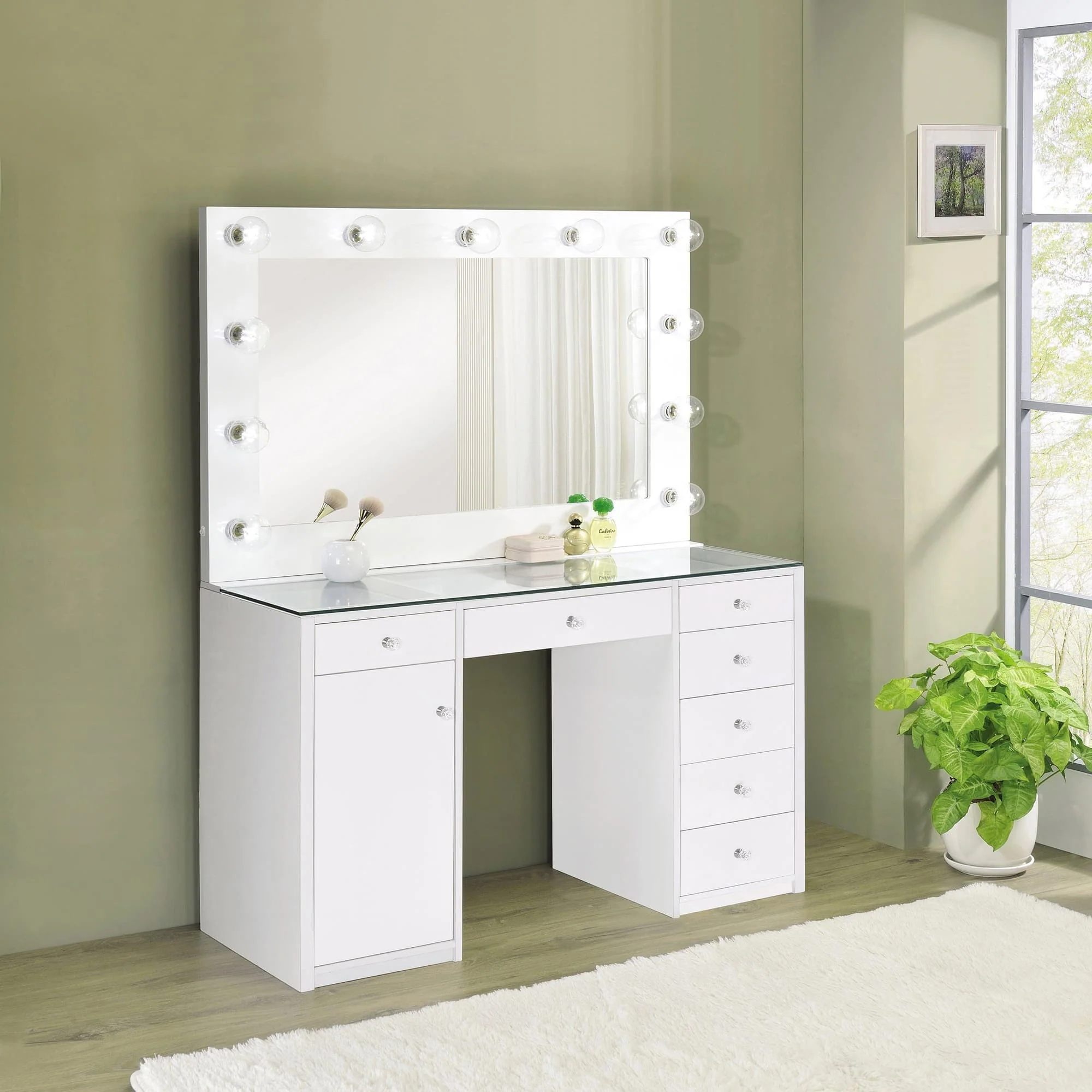 Percy 7 Drawer Glass Top Vanity Desk With Lighting White