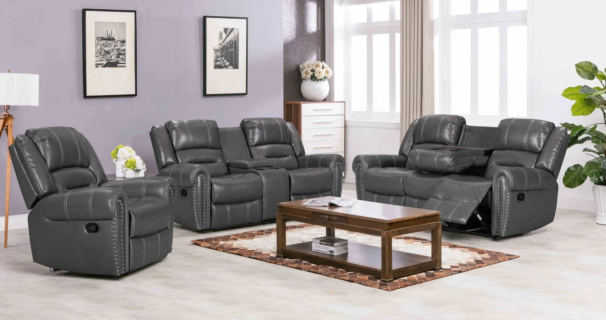 Lexington Gray Faux Leather 3-Piece Reclining Set - Image 1