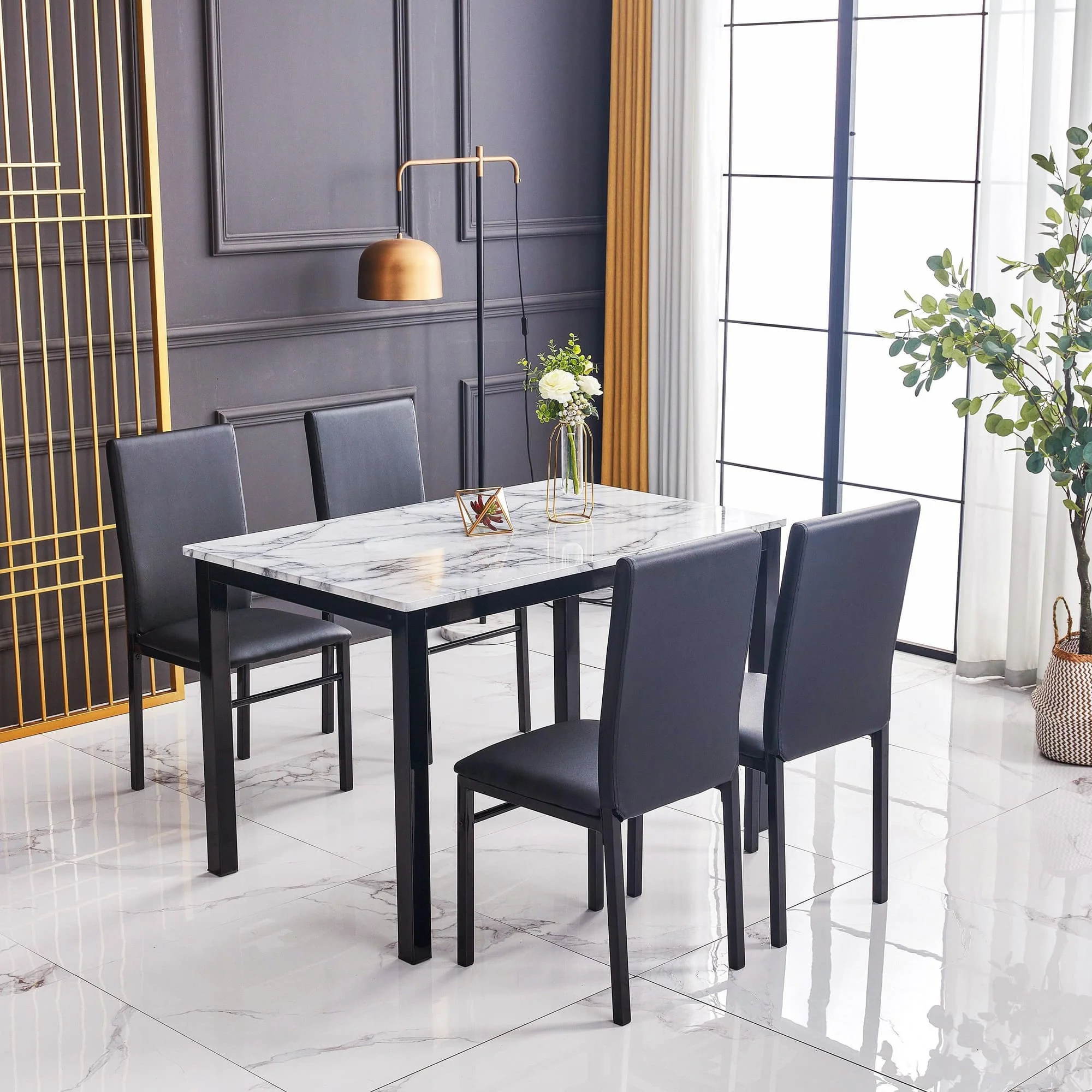 Aiden White Black Marble Rectangular Dining Room Set