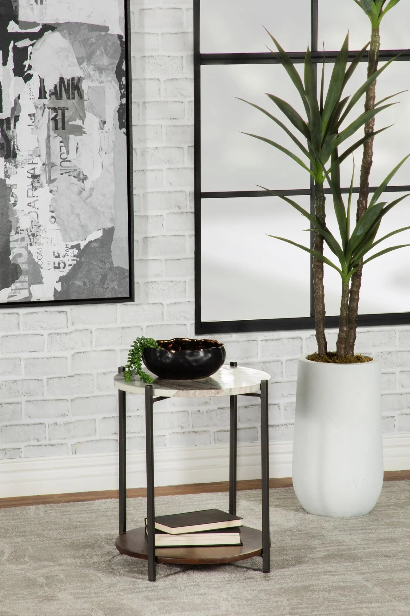 Noemie Round Accent Table With Marble Top White Gunmetal - Image 1