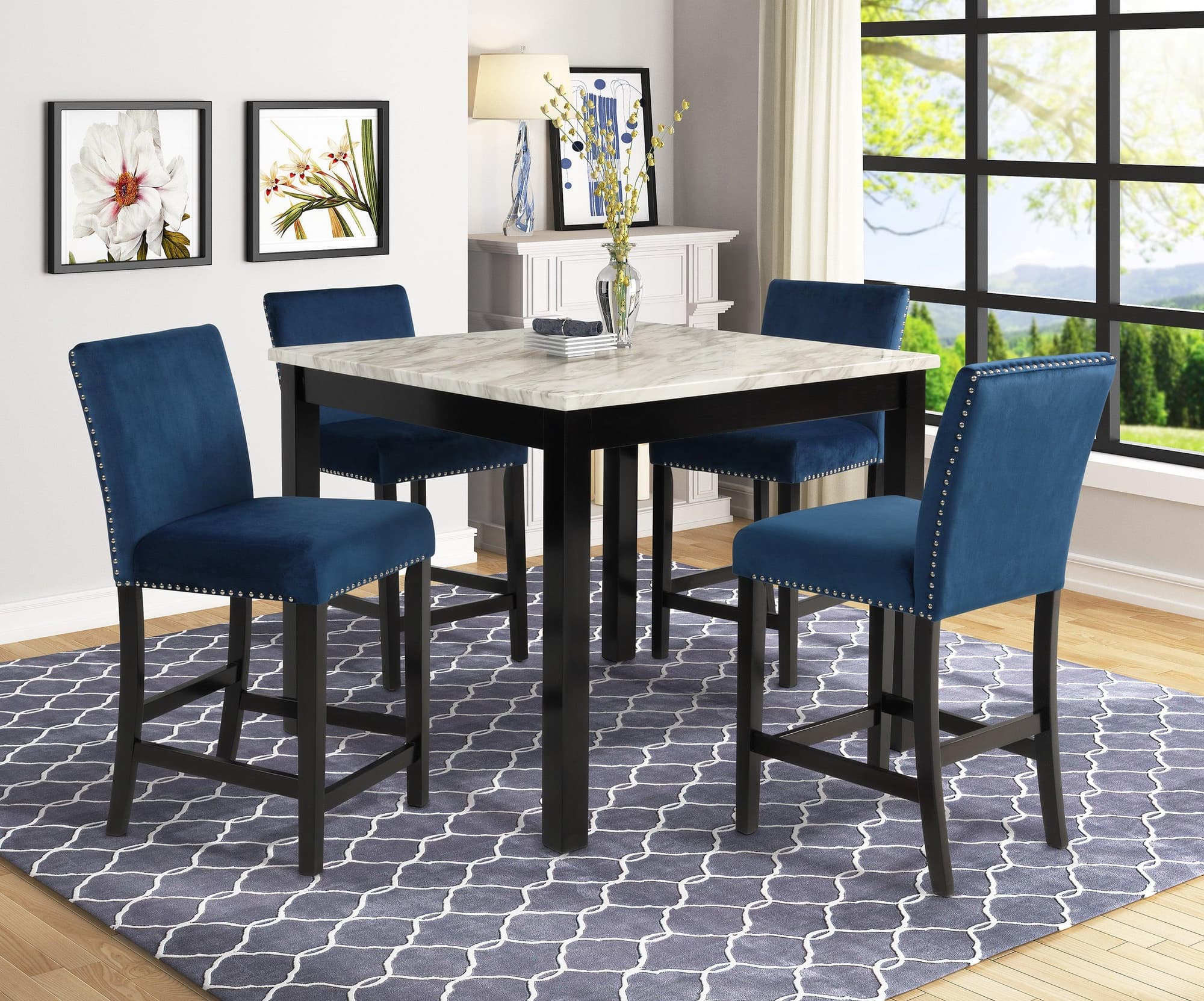 Lennon Blue White Velvet Counter Height Set - Image 1