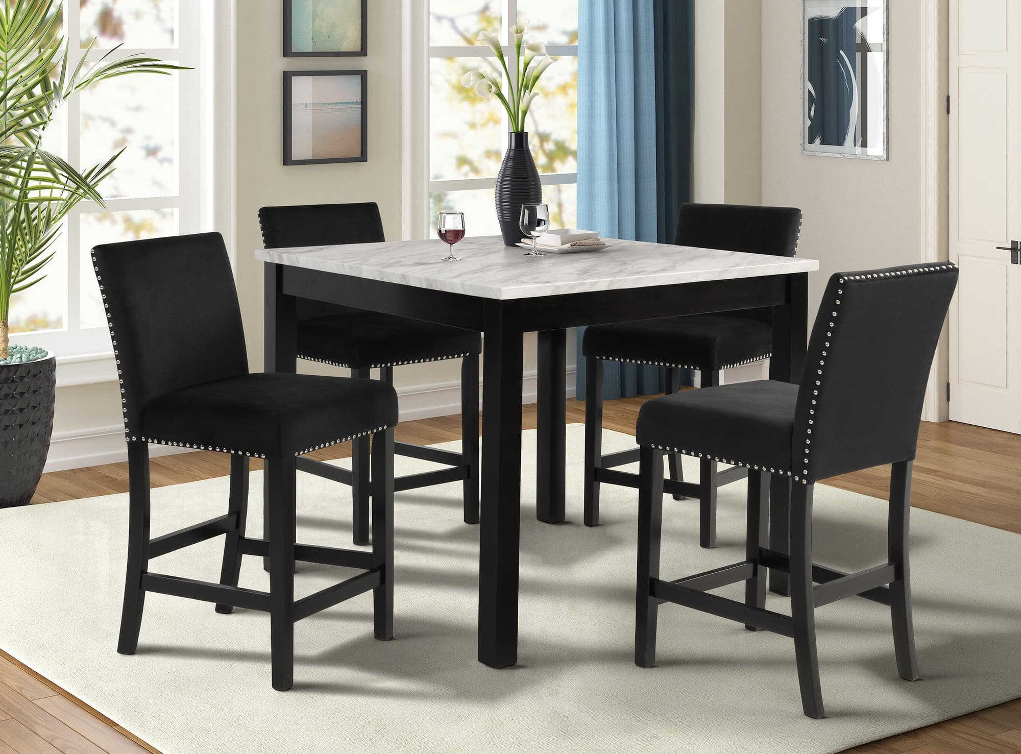 Lennon Black White Velvet Counter Height Set - Image 1