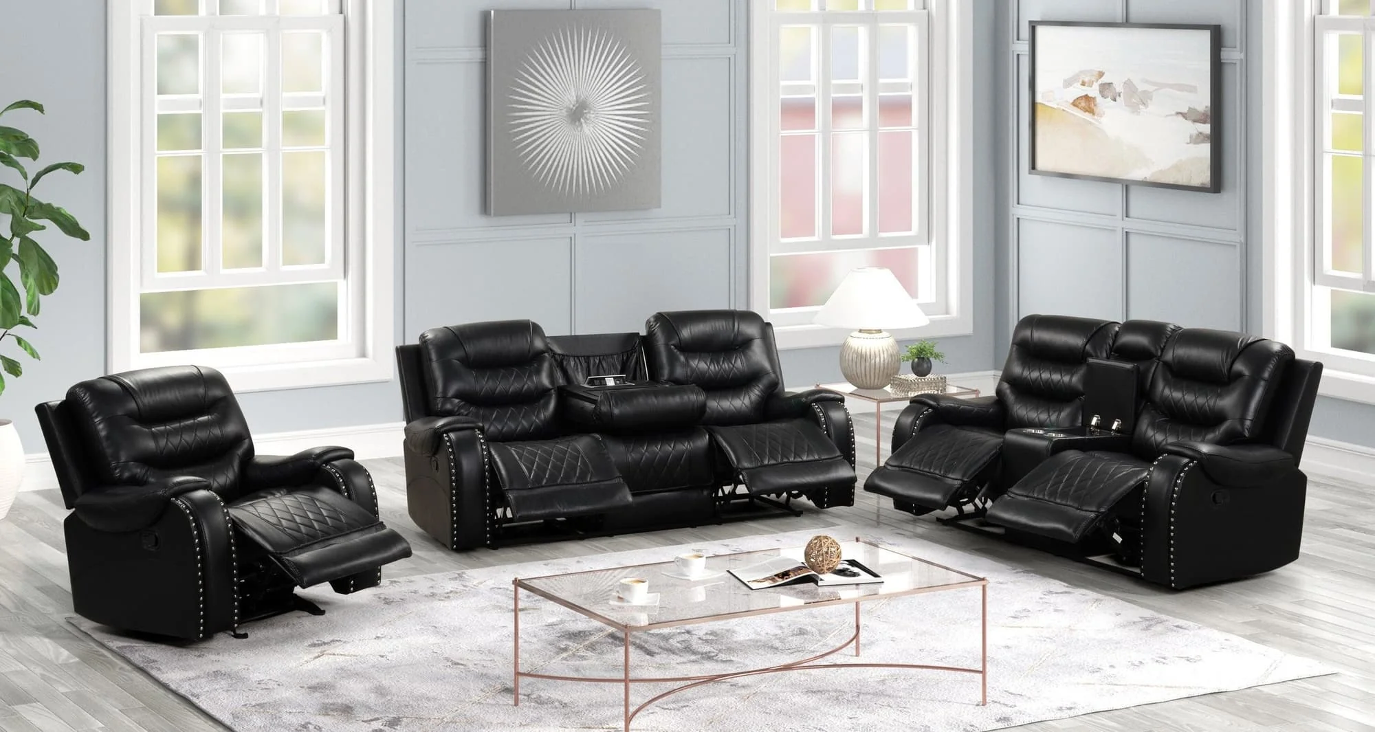 Ashy Black Oversized 3-Piece Reclining Set - Image 1
