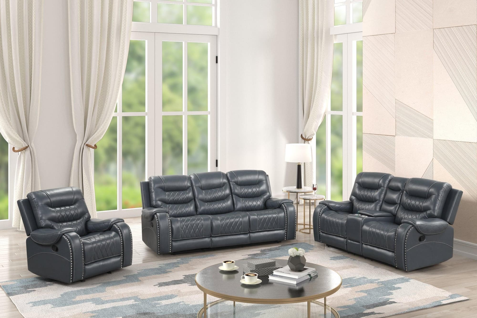 Ashy Navy Oversized 3-Piece Reclining Set - Image 1