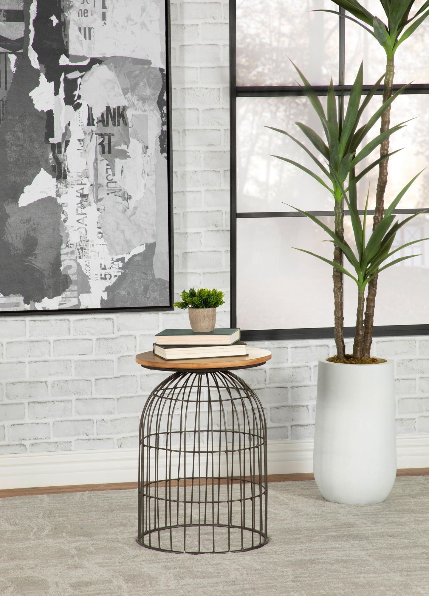 Bernardo Round Accent Table With Bird Cage Base Natural Gunmetal