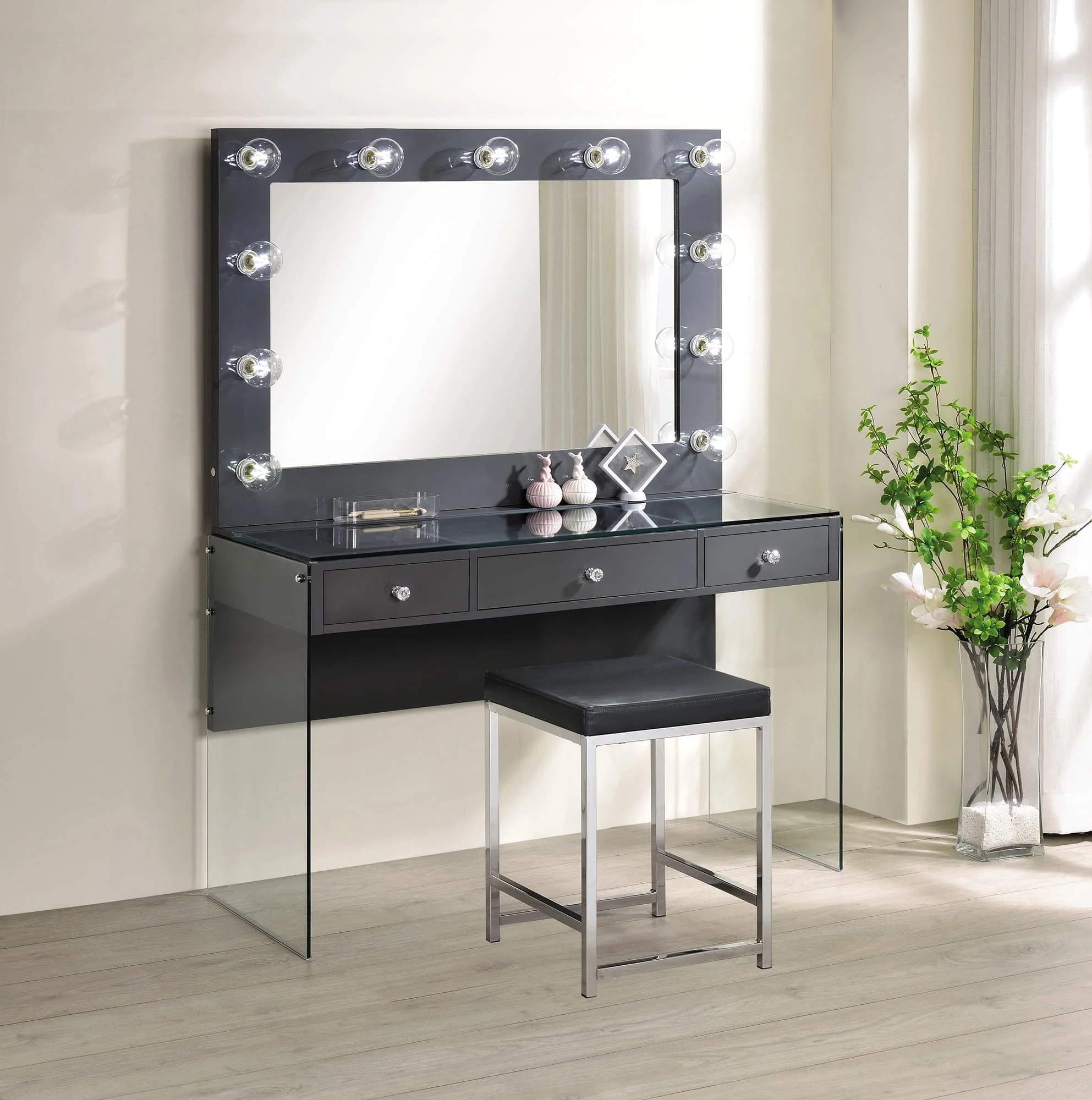 Afshan 3 Drawer Vanity Desk With Lighting Mirror Gray High Gloss