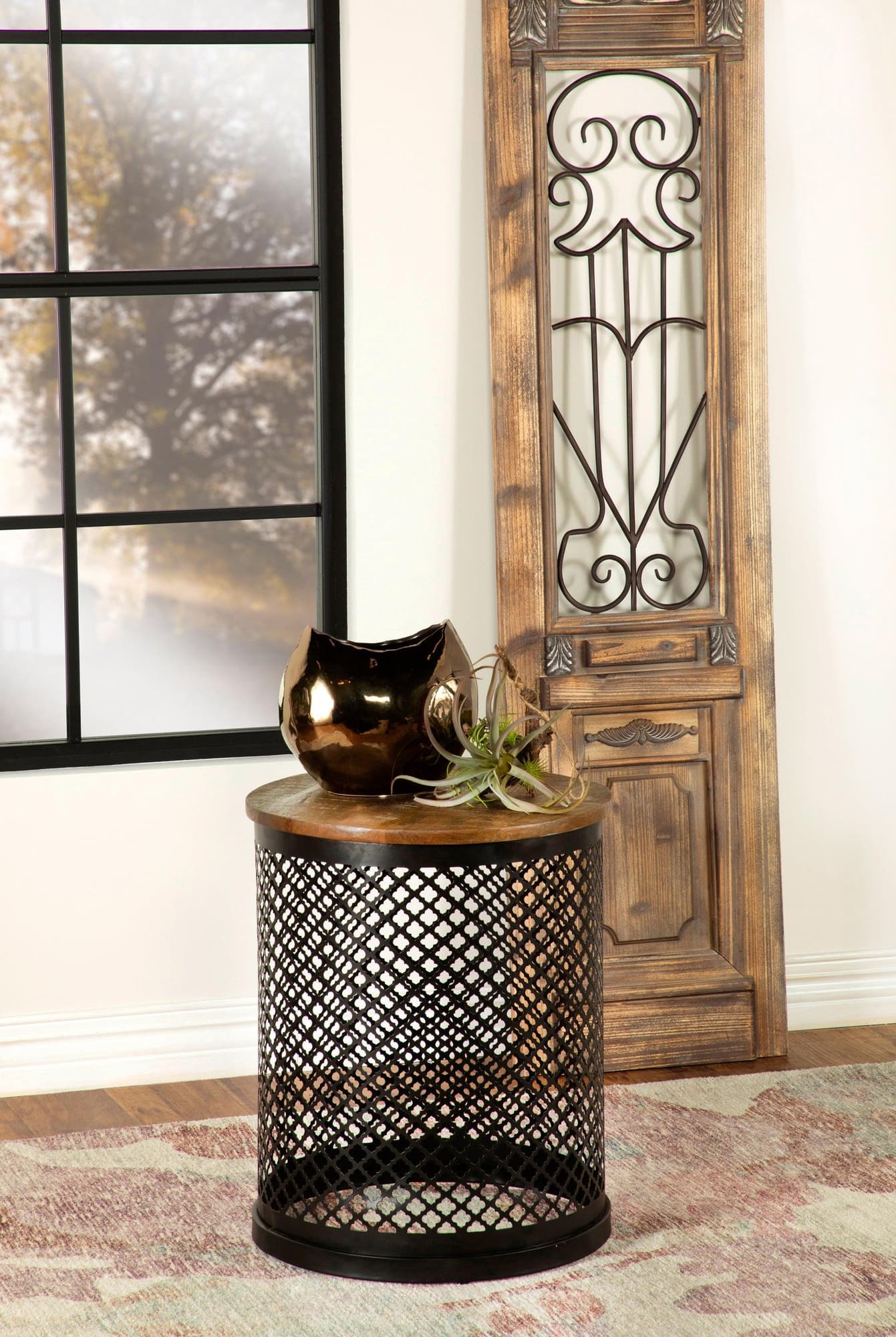 Aurora Round Accent Table With Drum Base Natural Black