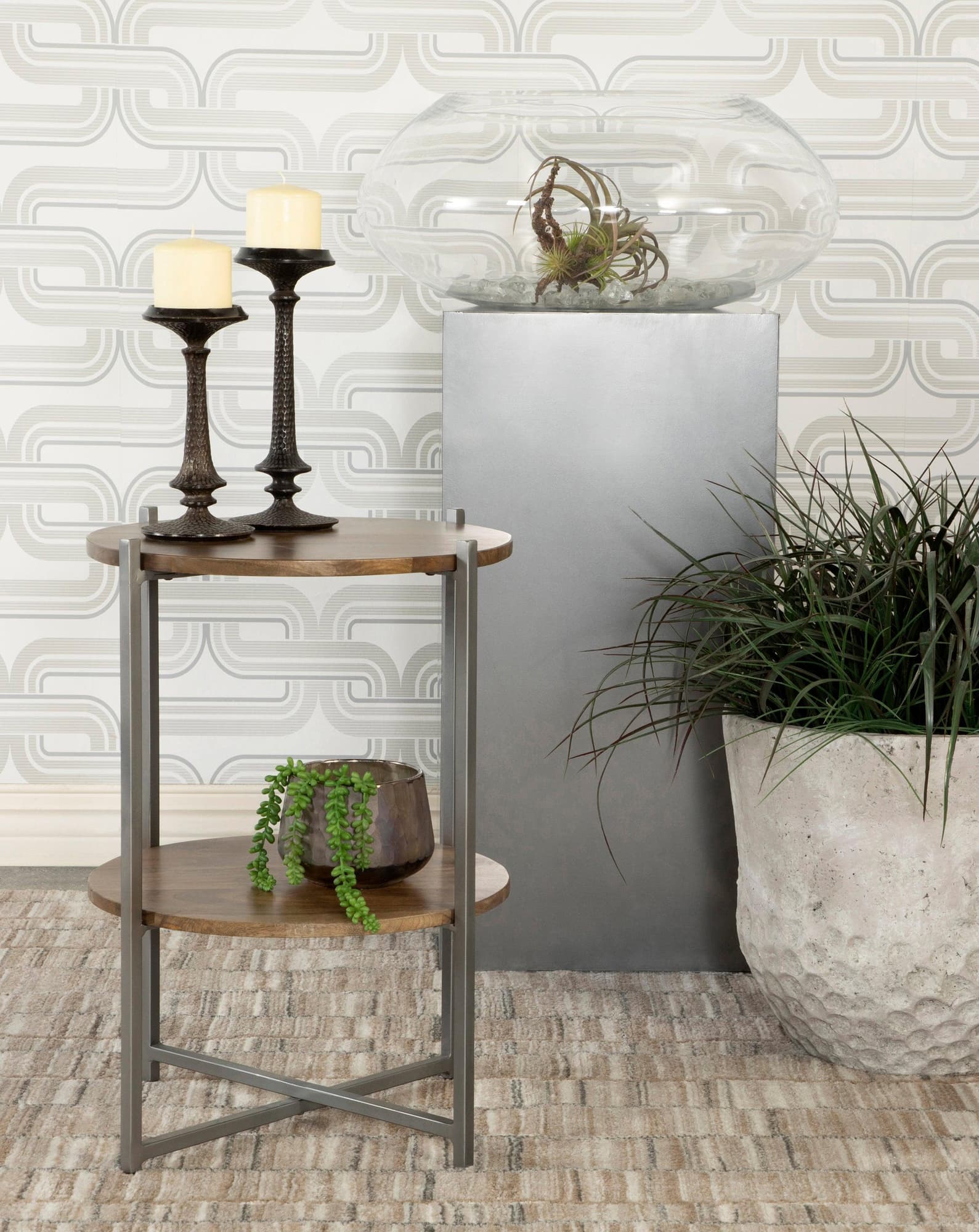 Axel Round Accent Table With Open Shelf Natural Gunmetal