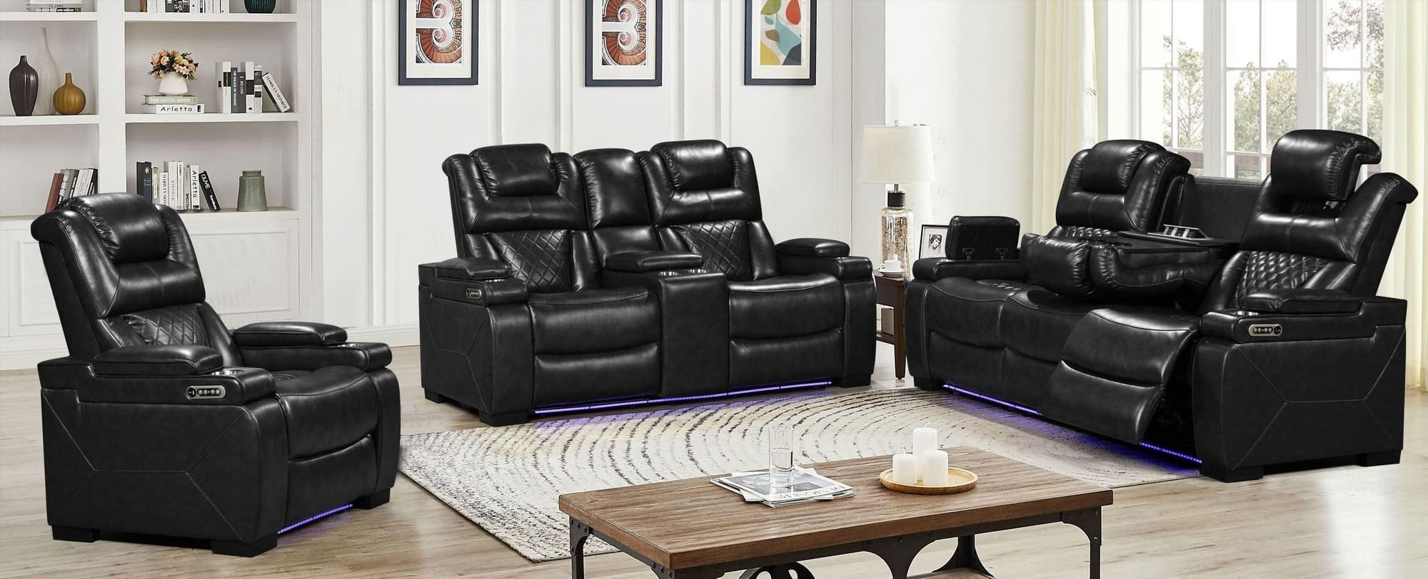Woodland Black Leather 3-Piece Power Reclining Set
