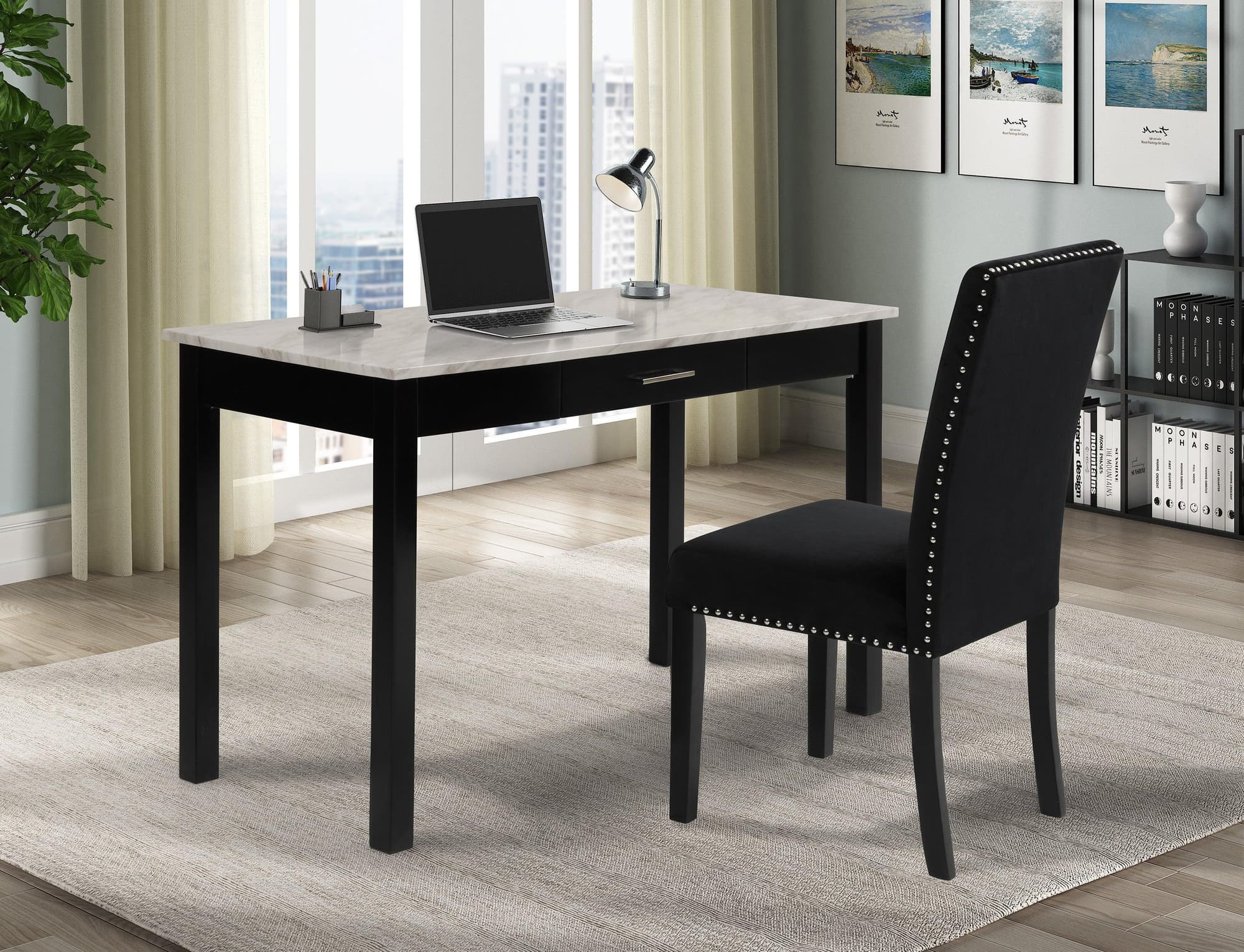 Lennon Black White Velvet Desk & Chair Set - Image 1