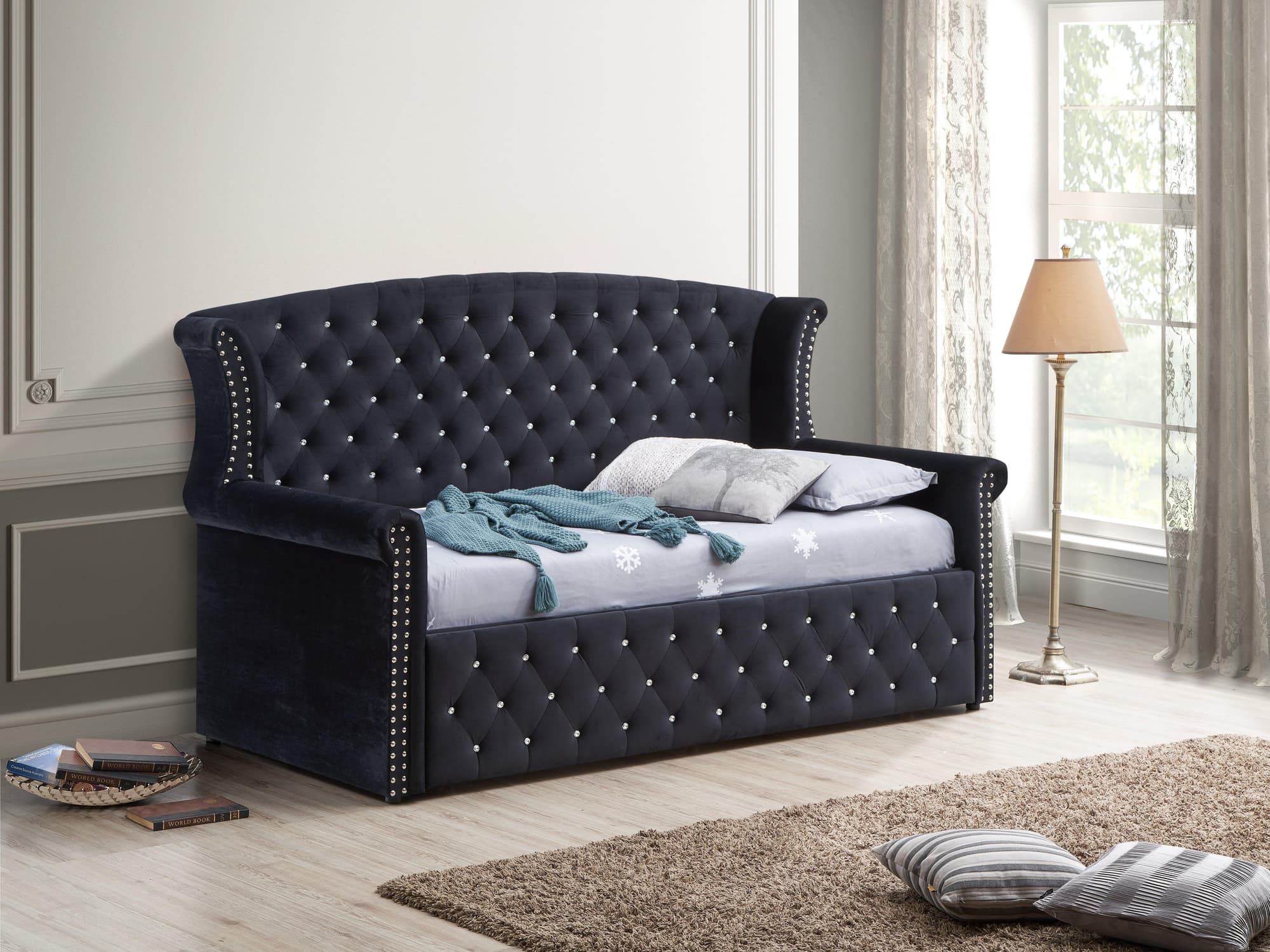Lucinda Black Velvet Trundle Daybed