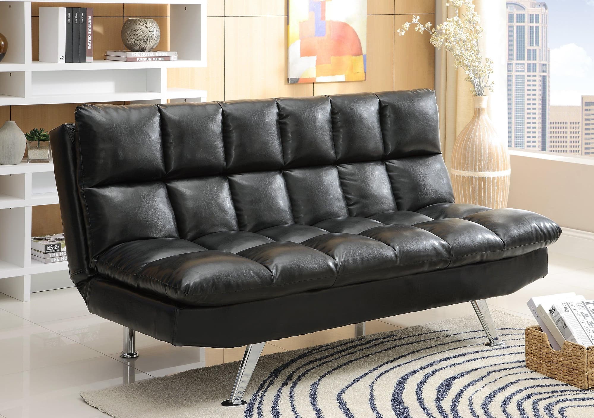 Sundown Black Futon Faux Leather Upholstered Adjustable Sofa