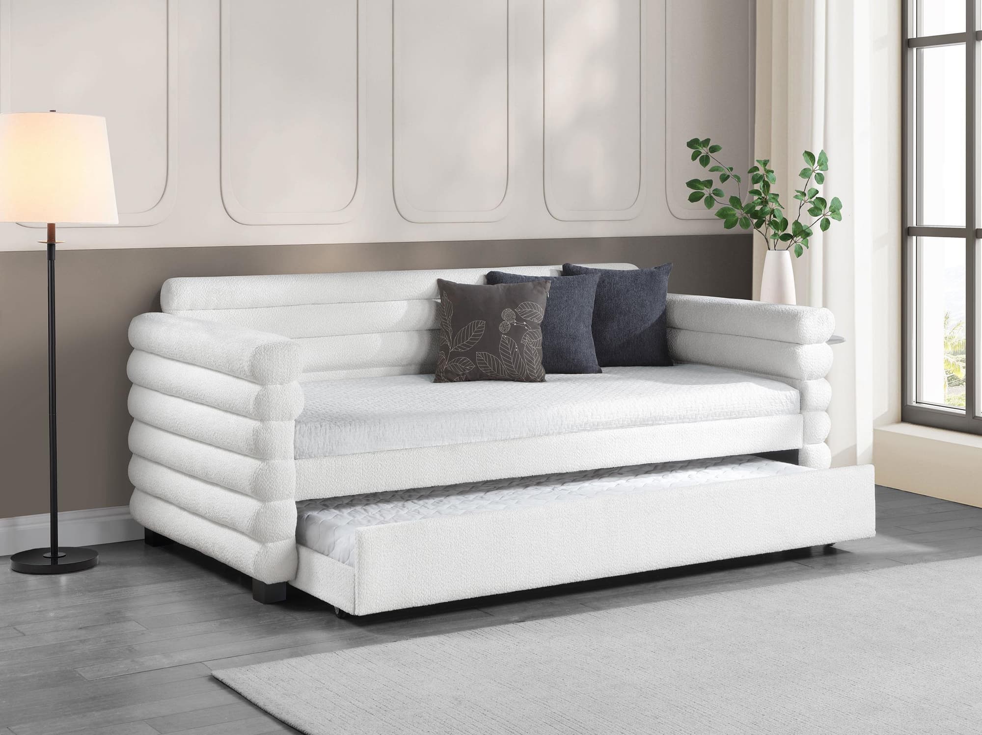 Patricia Boucle Upholstered Twin Day Bed With Trundle White
